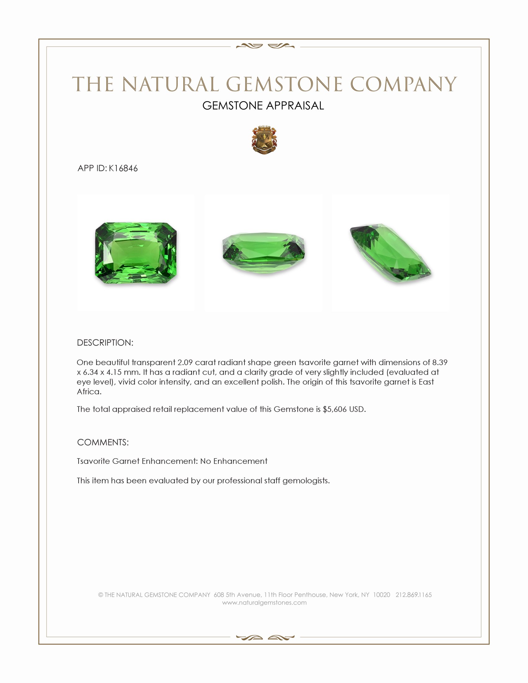 2.09 Ct. Tsavorite Garnet from East Africa