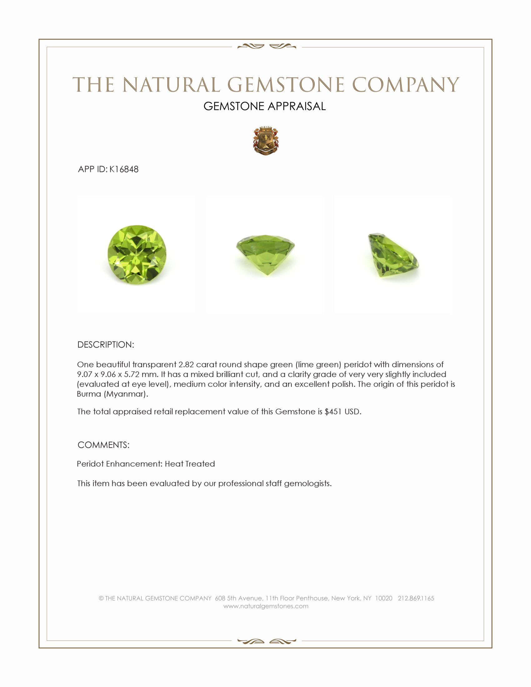 2.82 Ct. Green (Lime Green) Peridot from Burma (Myanmar)