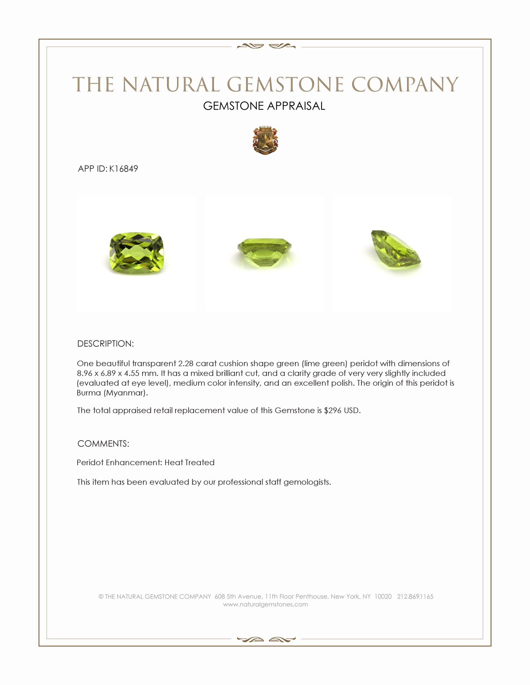 2.28 Ct. Green (Lime Green) Peridot from Burma (Myanmar)