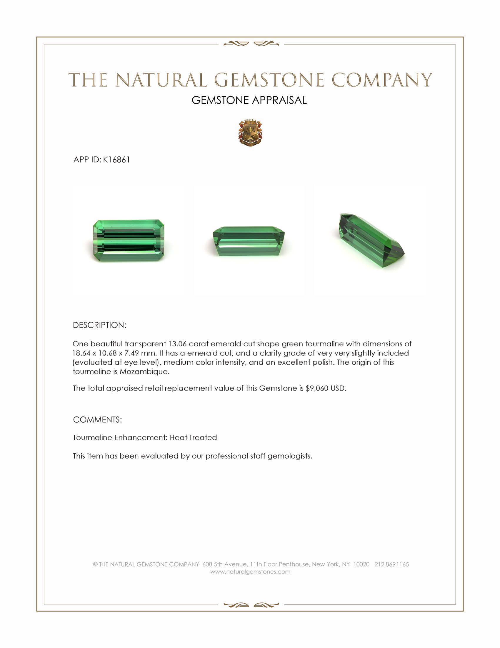 13.06 Ct. Green Tourmaline from Mozambique