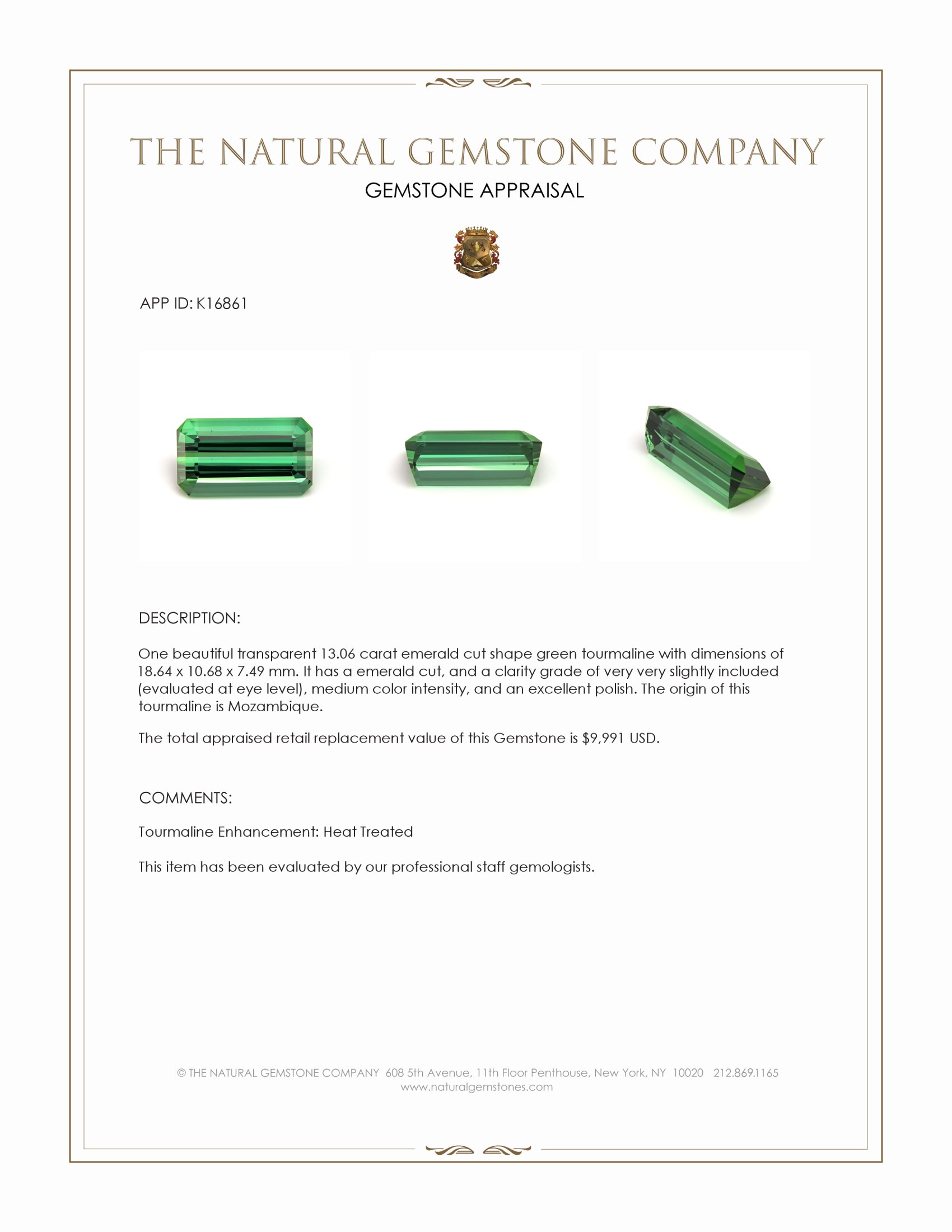 13.06 Ct. Green Tourmaline from Mozambique