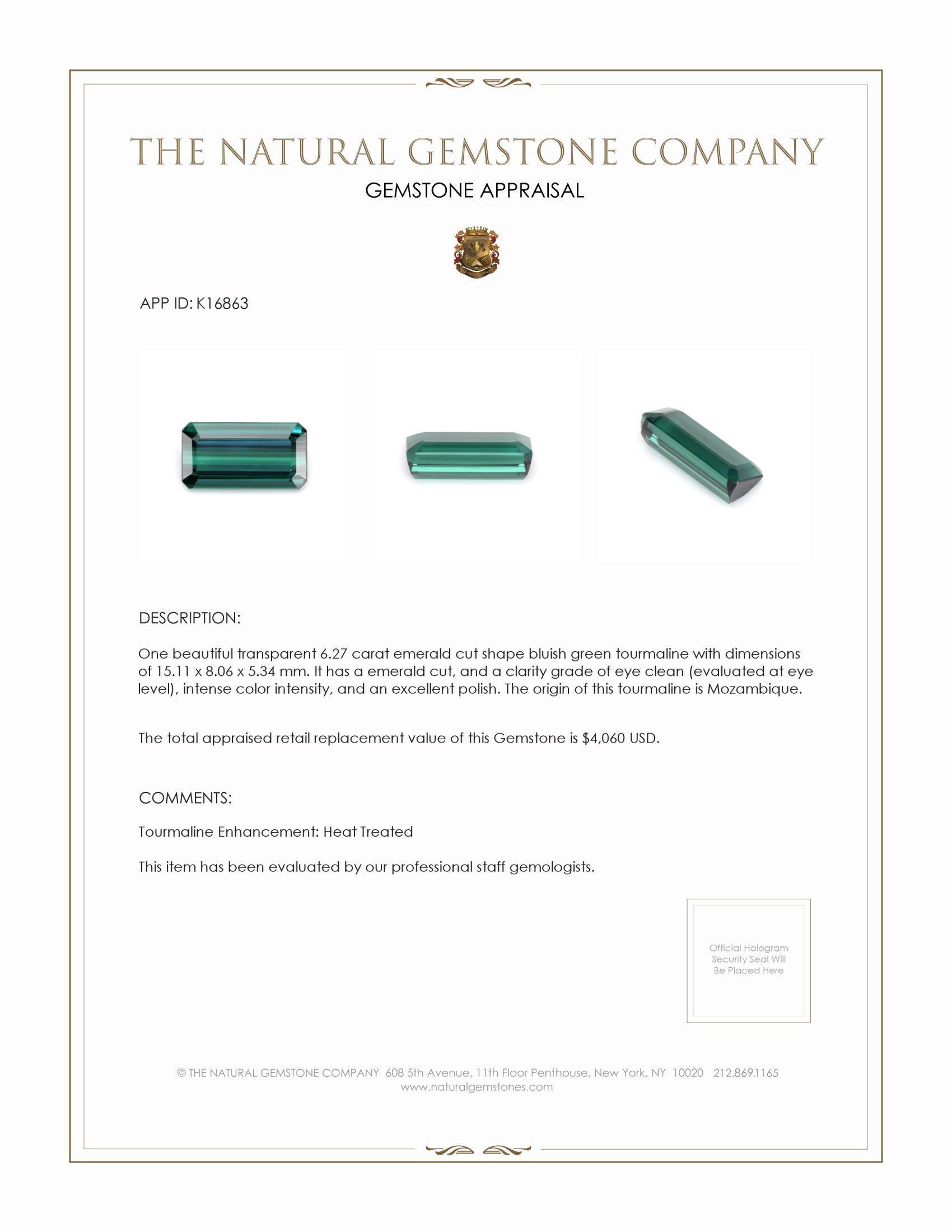 6.27 Ct. Bluish Green Tourmaline from Mozambique