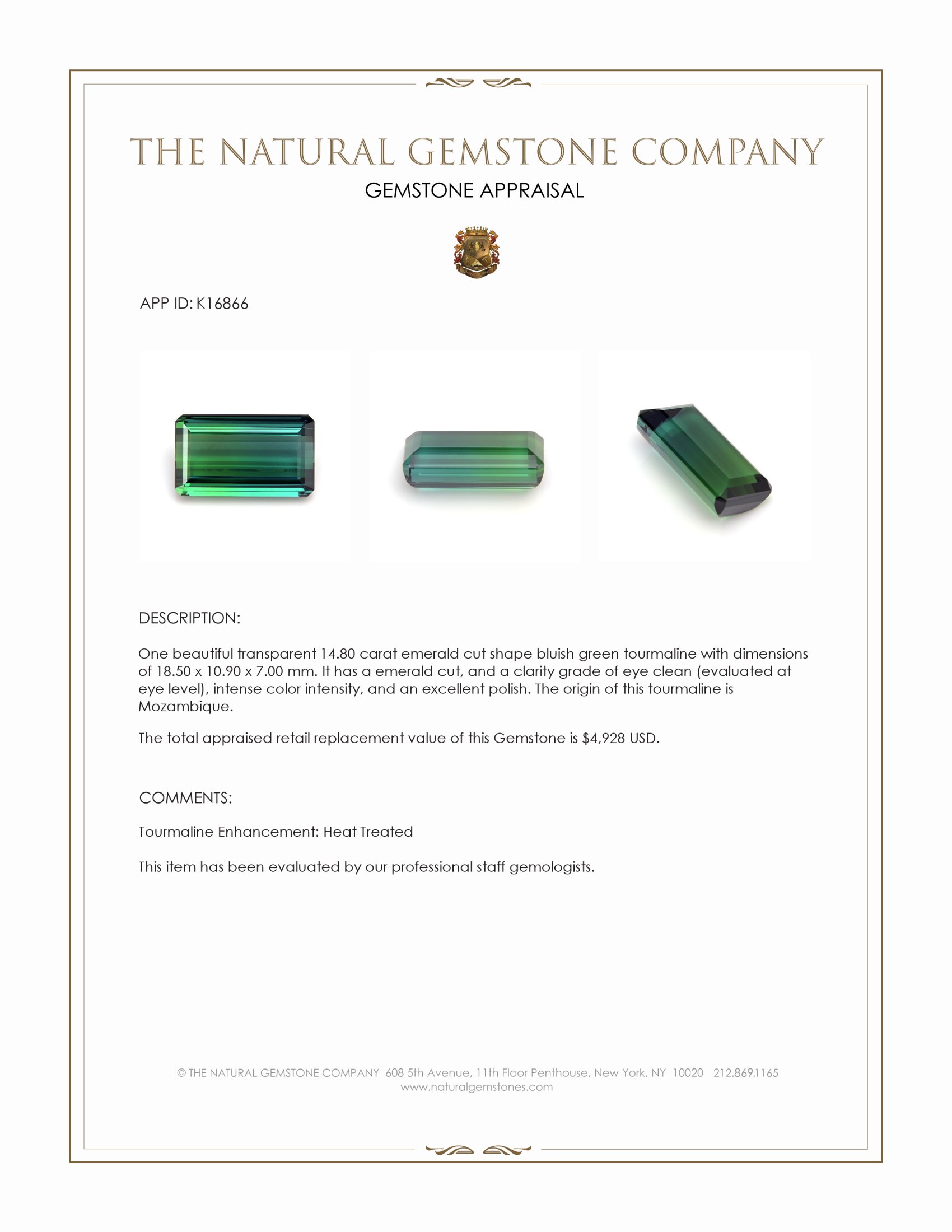 14.80 Ct. Bluish Green Tourmaline from Mozambique