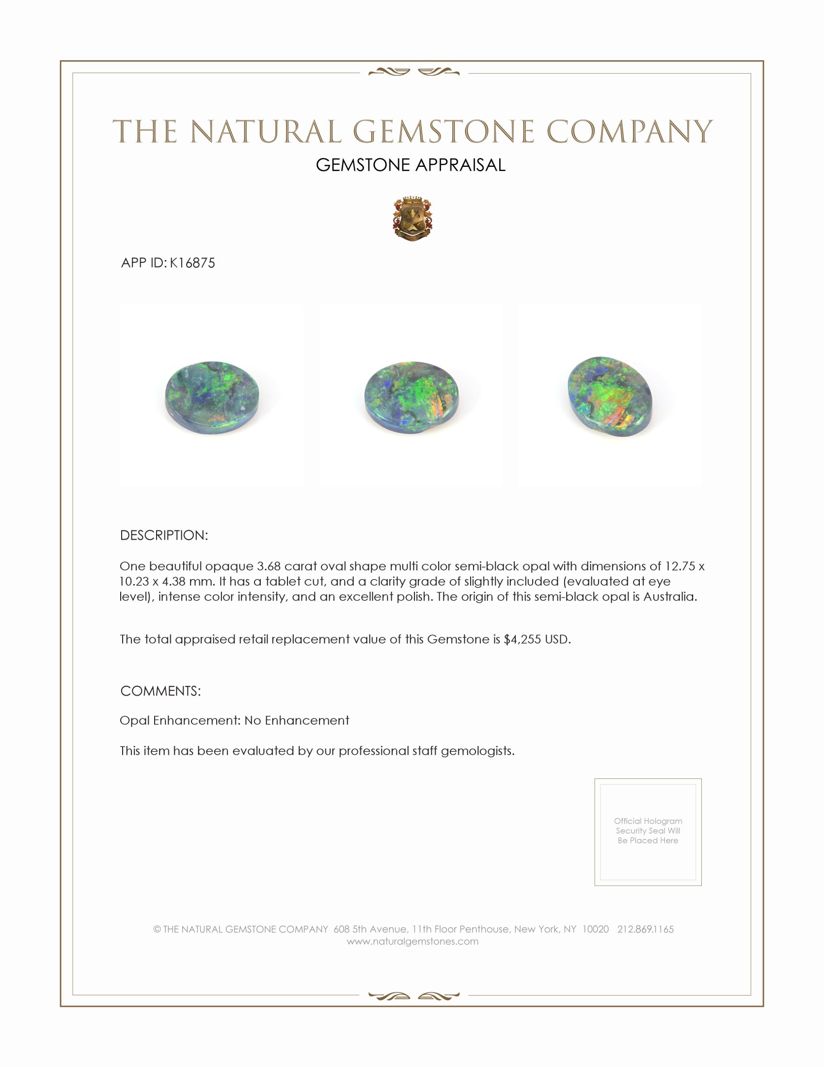 3.68 Ct. Semi-Black Opal from Australia