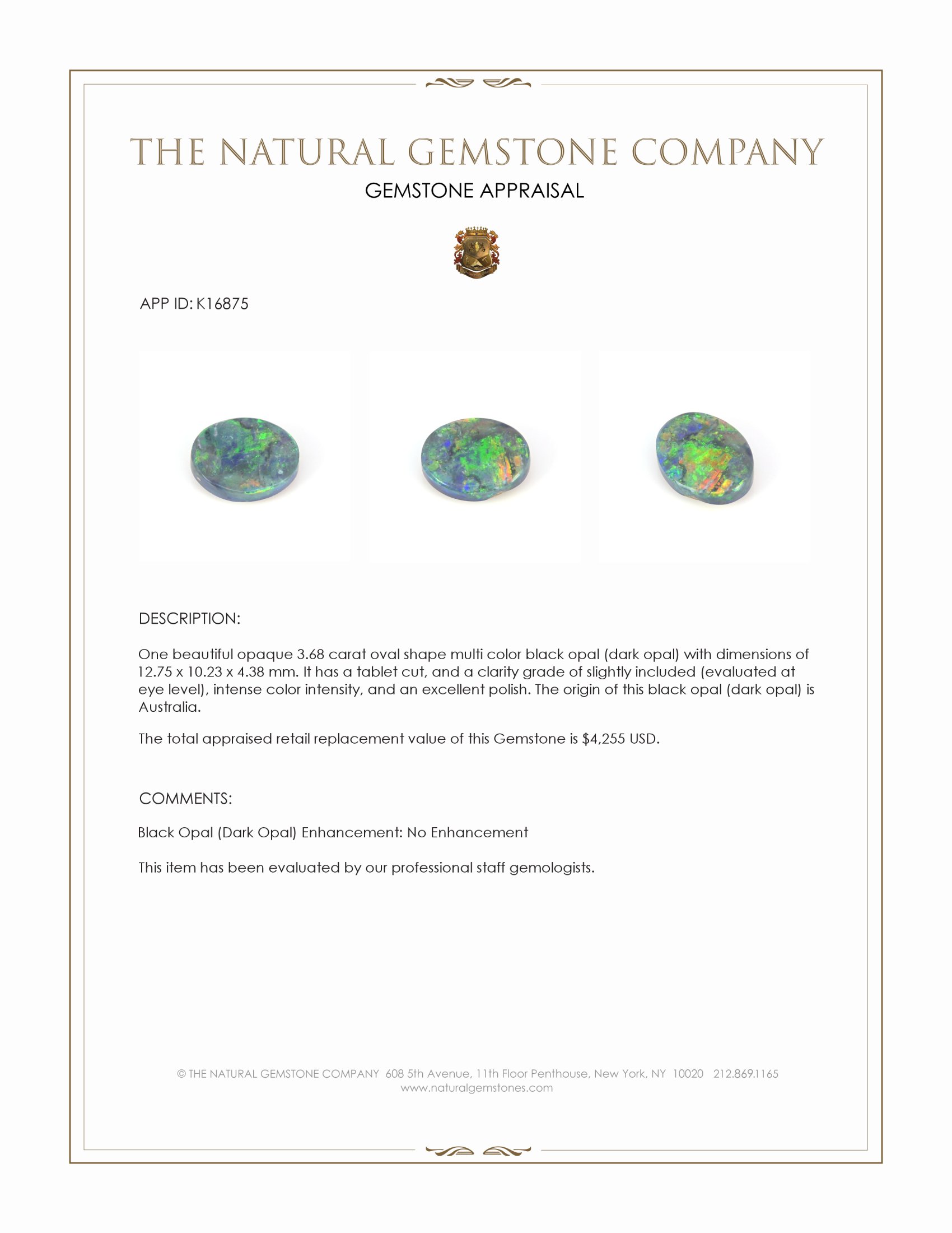 3.68 Ct. Multi Color Black Opal (Dark Opal) from Australia