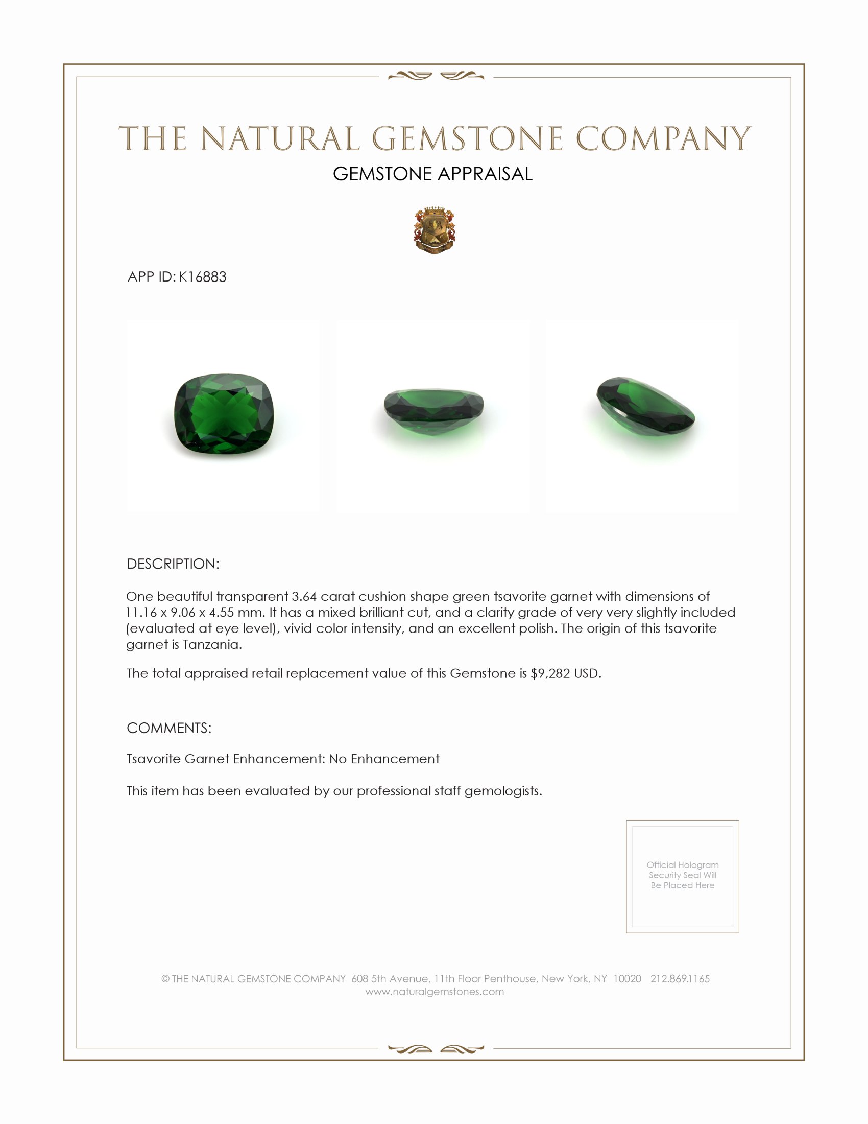 3.64 Ct. Tsavorite Garnet from Tanzania