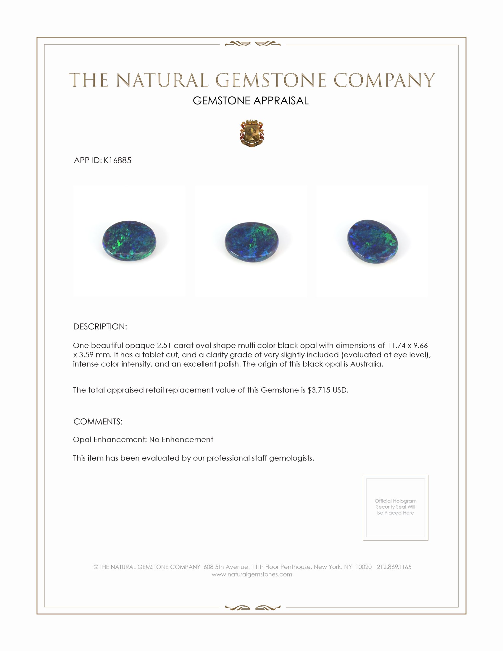 2.51 Ct. Black Opal from Australia