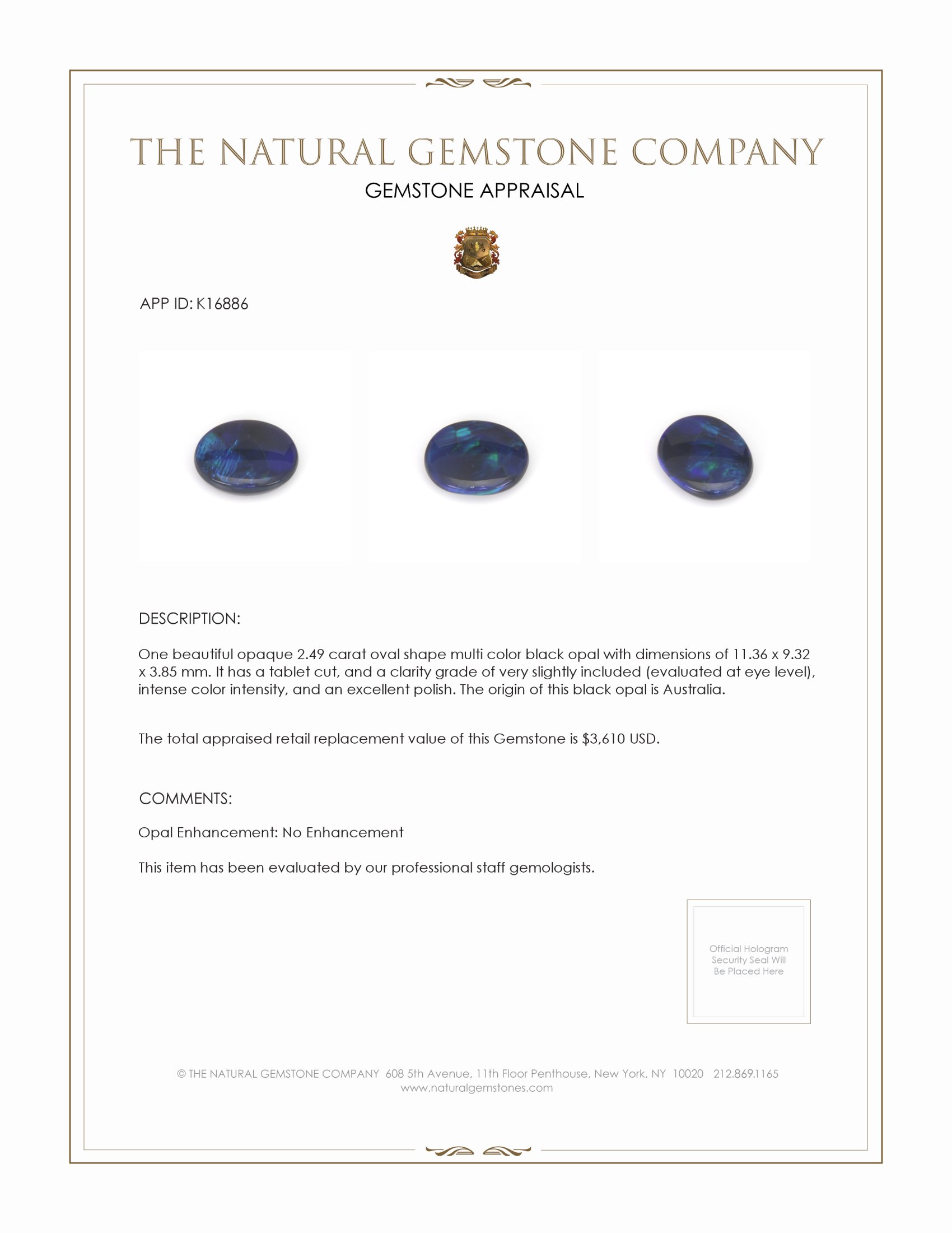 2.49 Ct. Black Opal from Australia