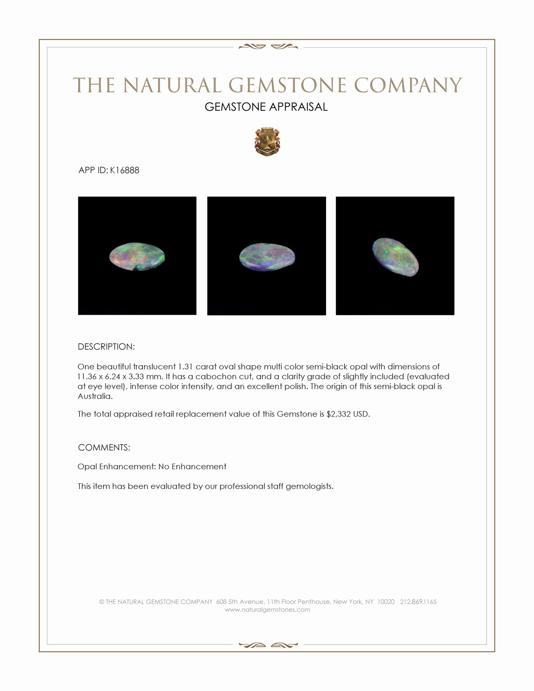 1.31 Ct. Cabochon Semi-Black Opal from Australia