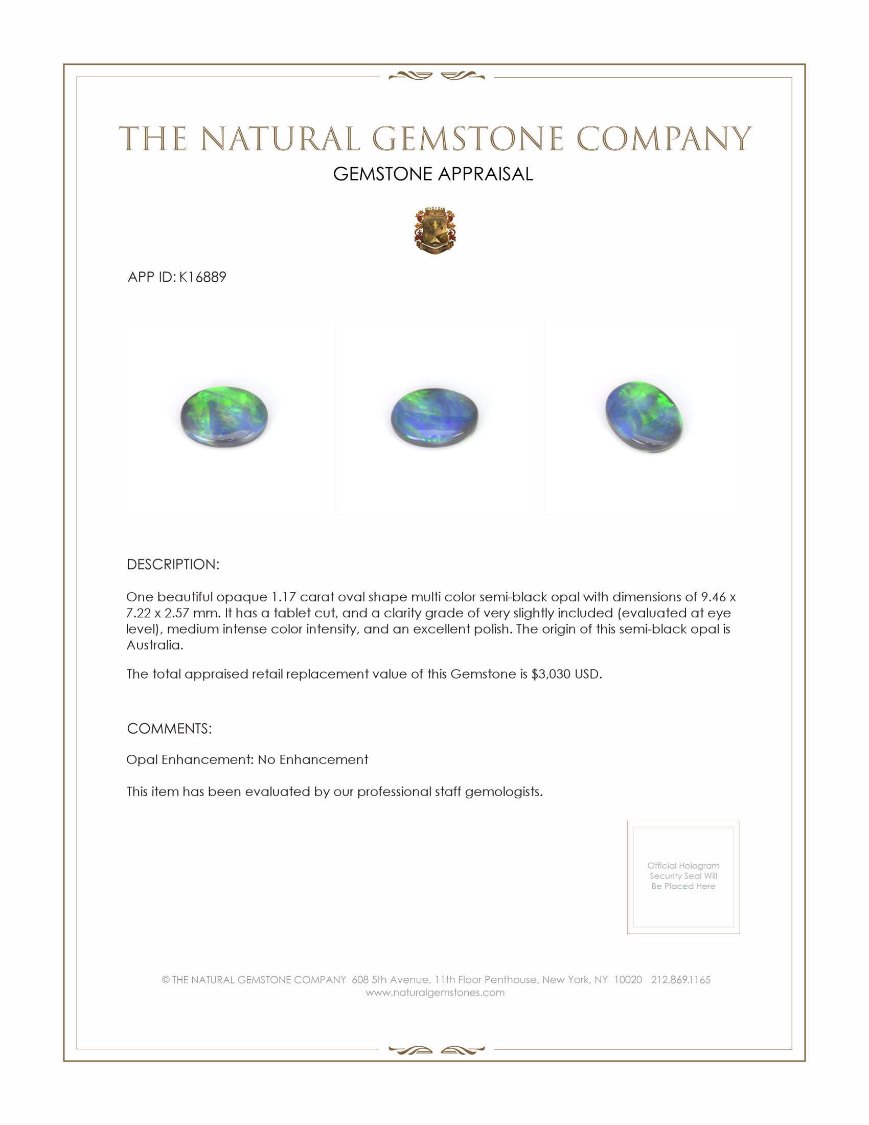 1.17 Ct. Multi Color Black Opal (Dark Opal) from Australia