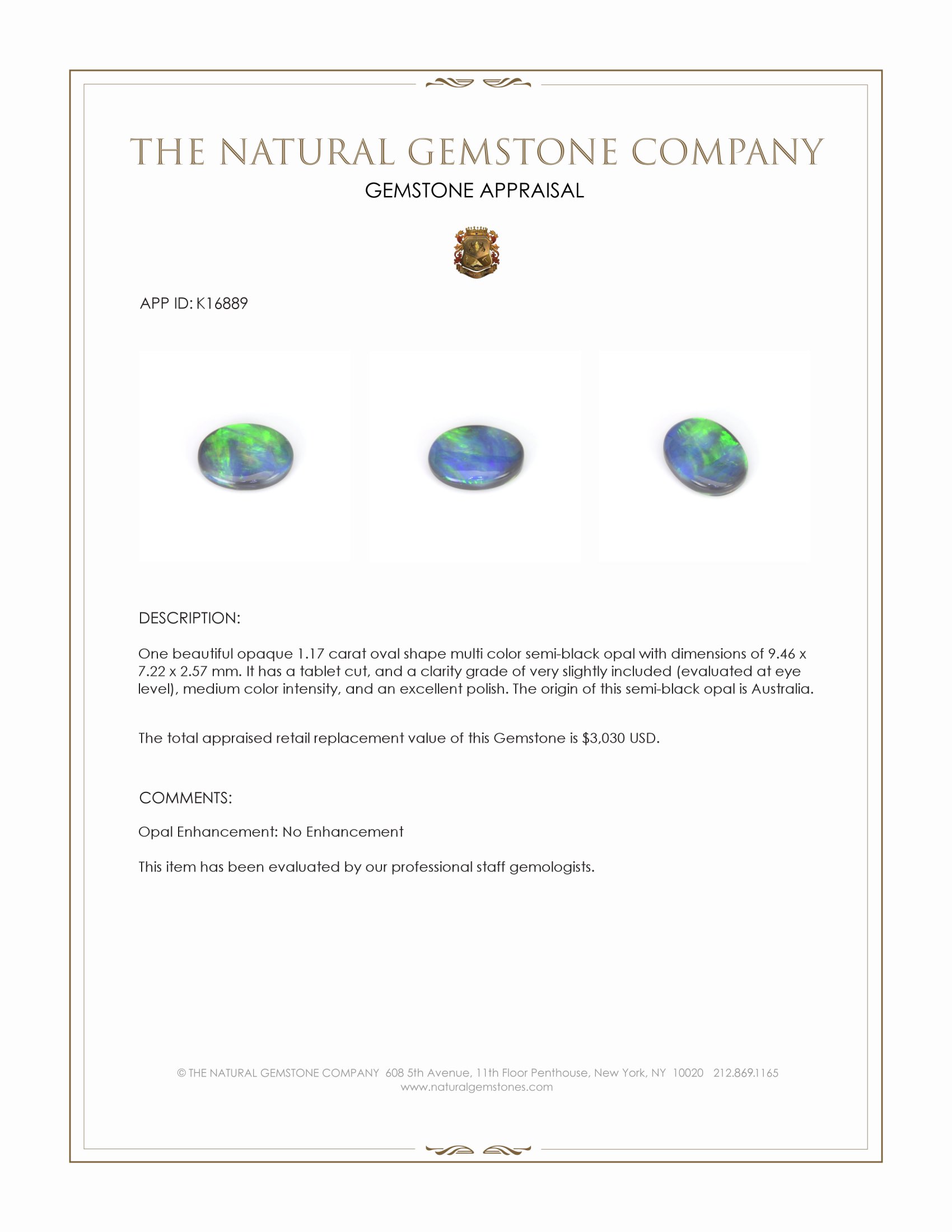 1.17 Ct. Multi Color Semi-Black Opal from Australia