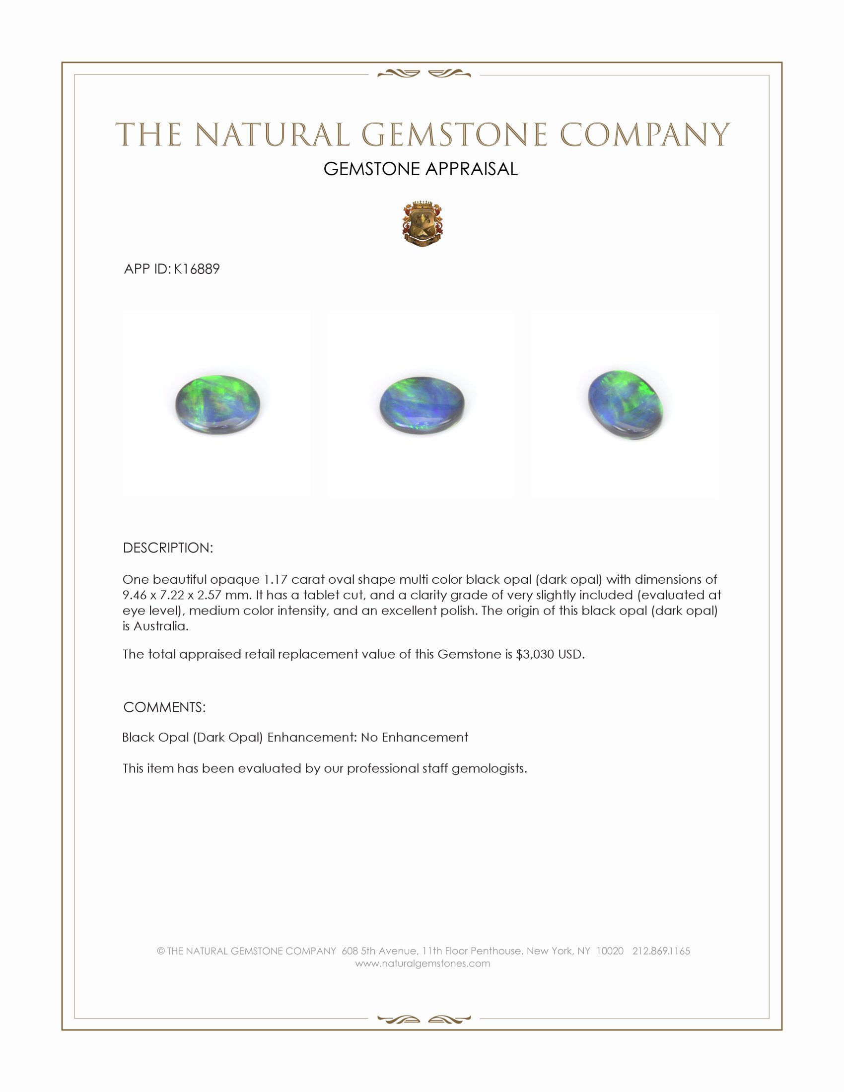 1.17 Ct. Multi Color Black Opal (Dark Opal) from Australia