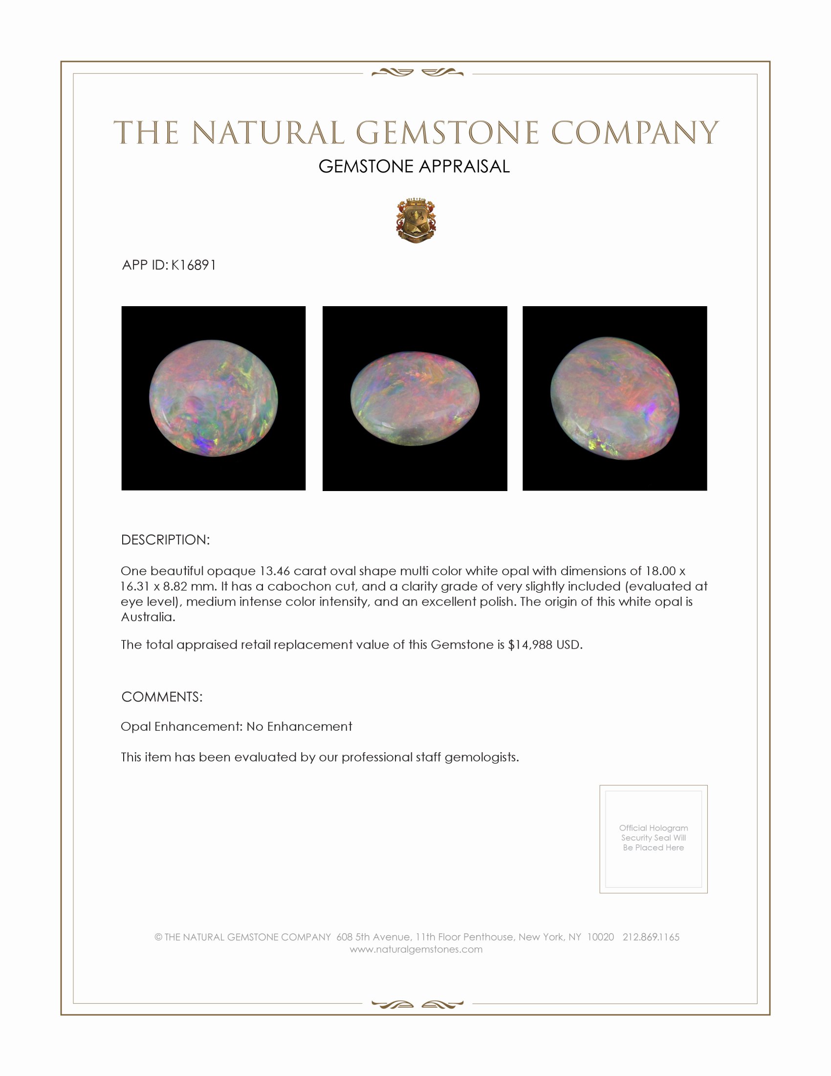 13.46 Ct. Cabochon White Opal from Australia