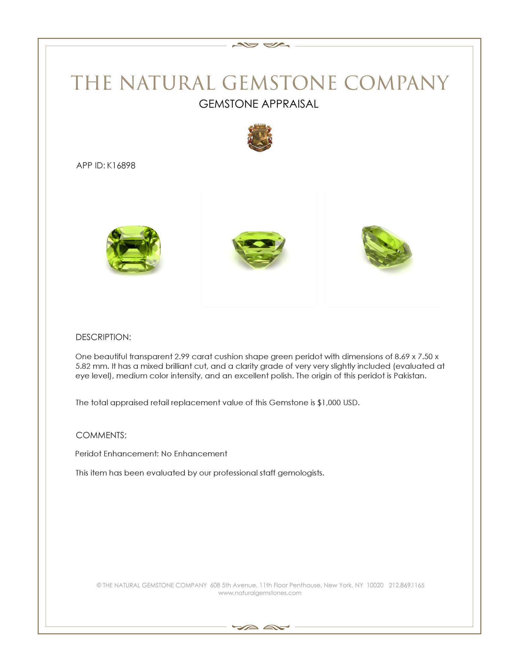 2.99 Ct. Green (Lime Green) Peridot from Pakistan