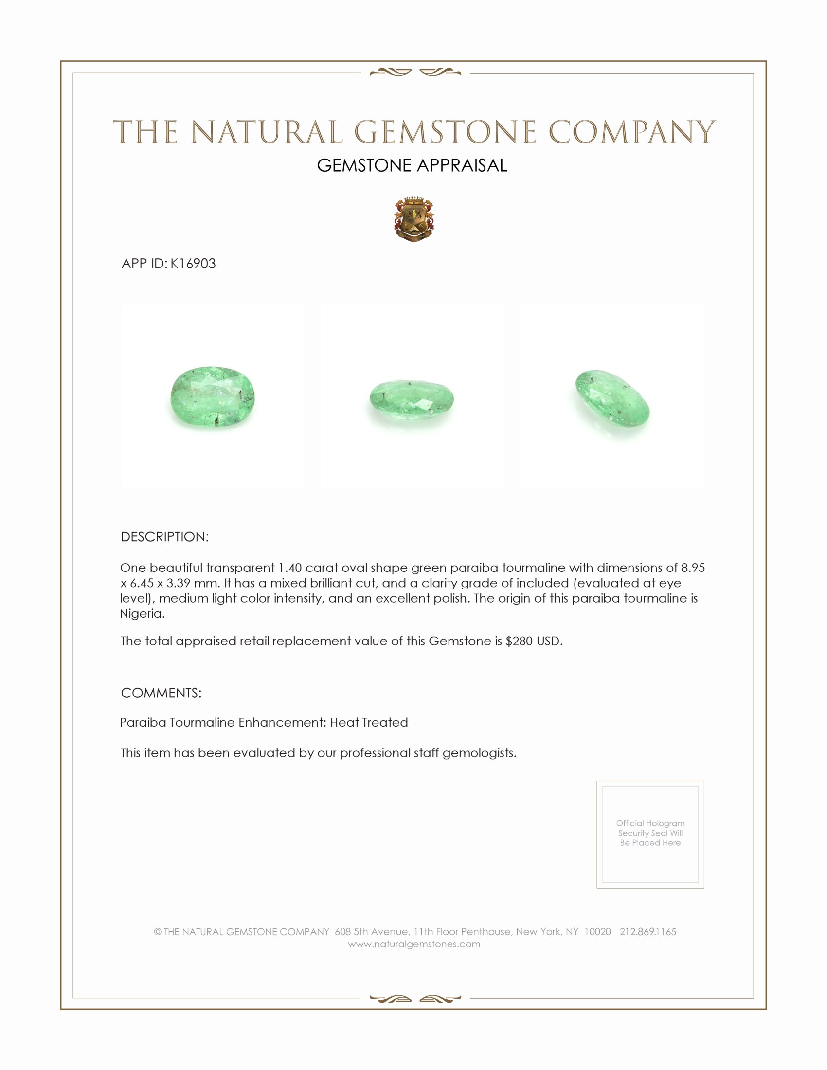 1.40 Ct. Paraiba Tourmaline from Nigeria