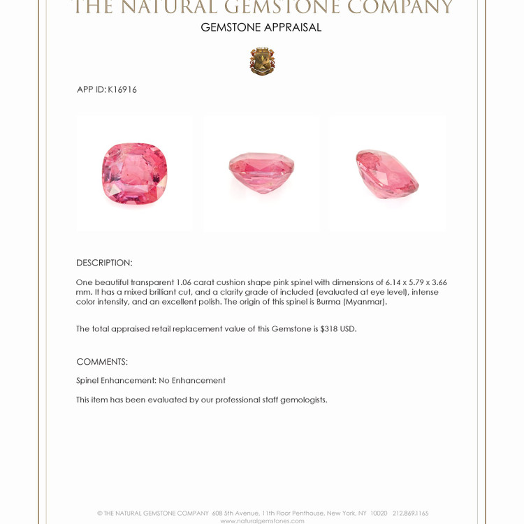 1.06 Ct. Spinel from Burma (Myanmar)