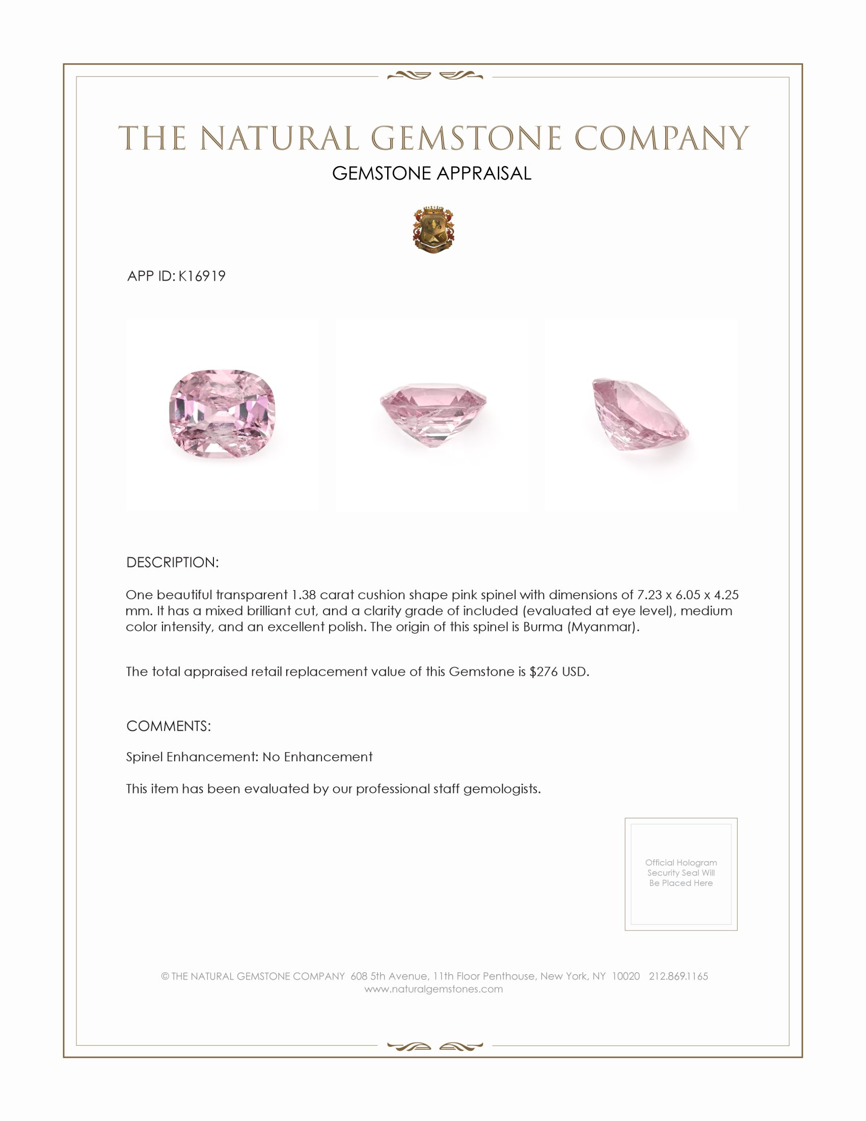 1.38 Ct. Spinel from Burma (Myanmar)