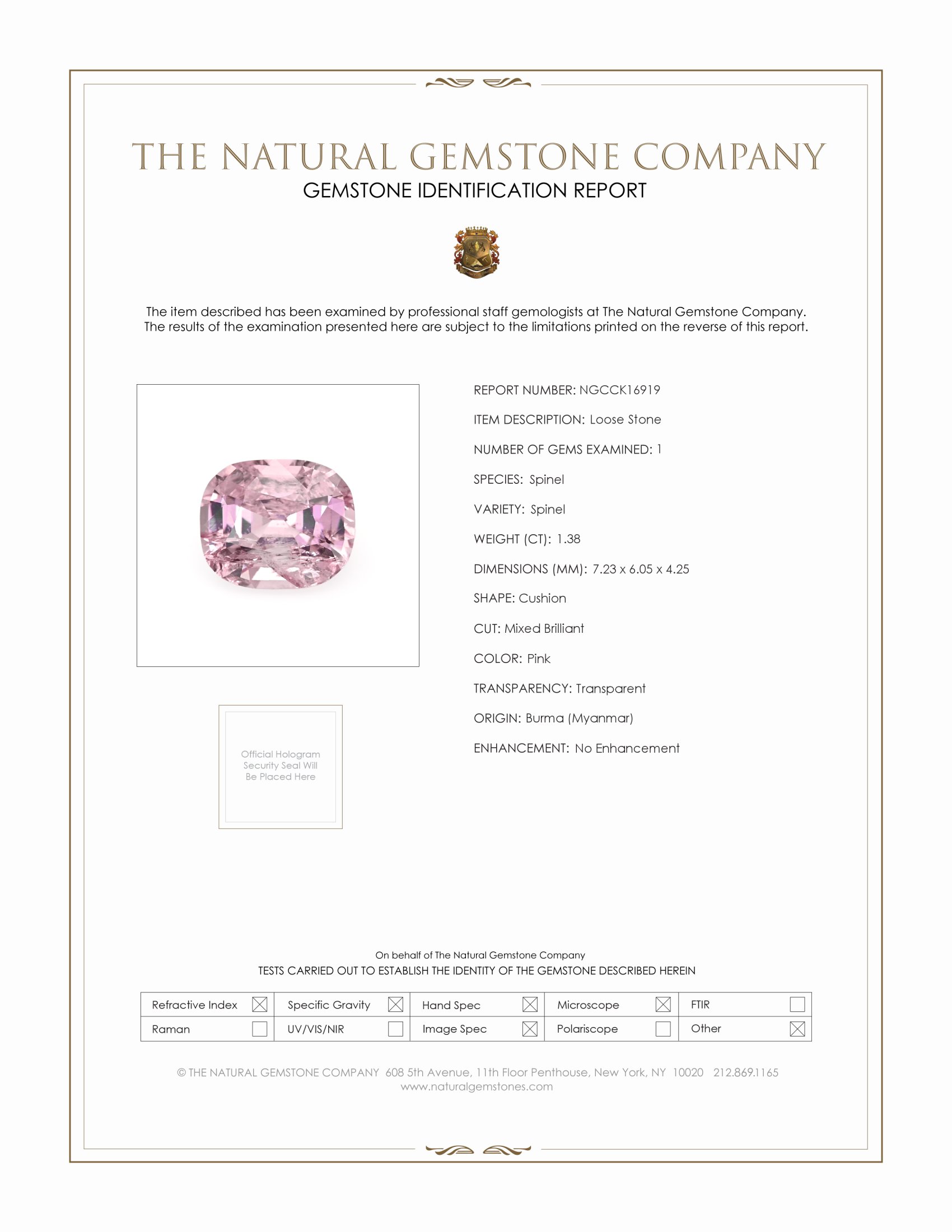 1.38 Ct. Spinel from Burma (Myanmar)