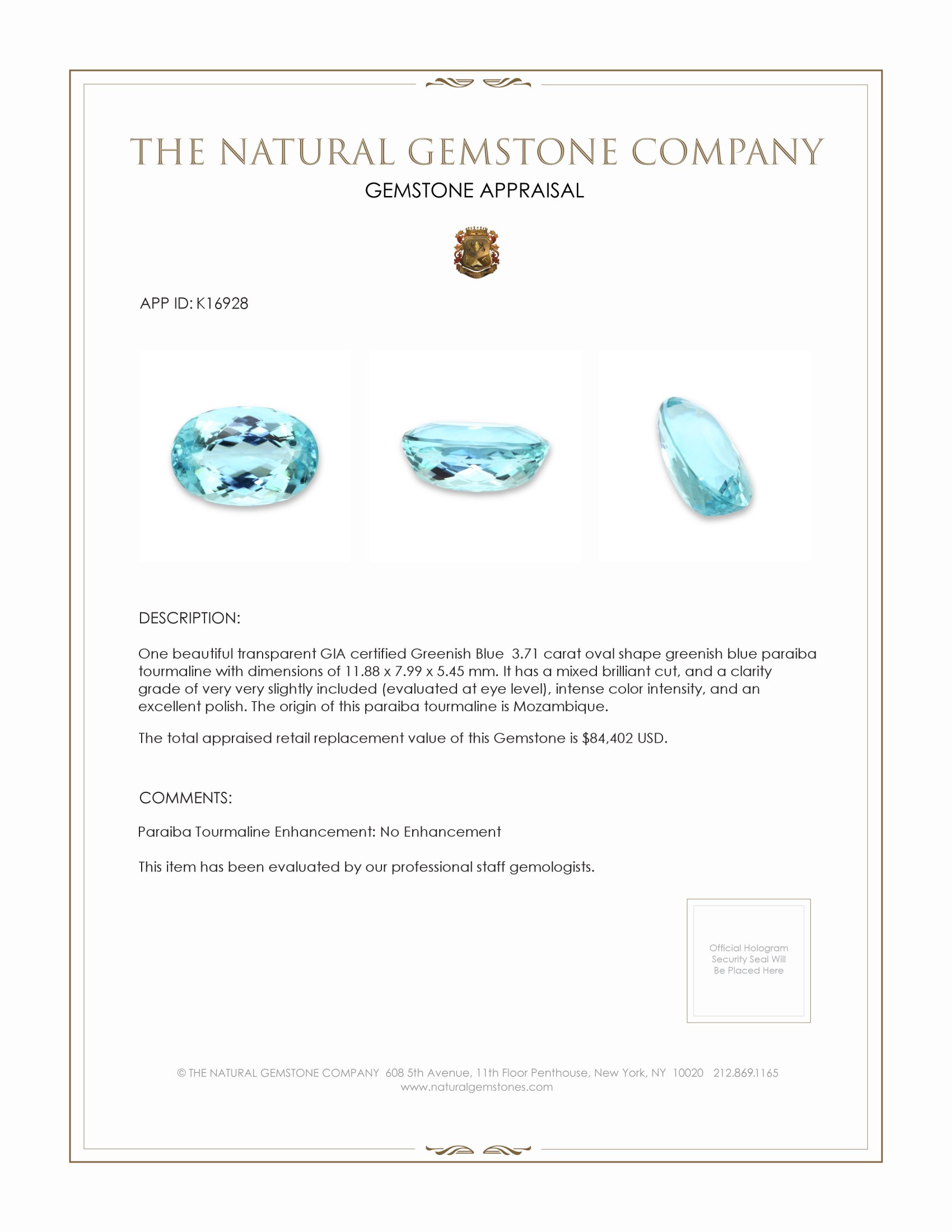 3.71 Ct. Greenish Blue Paraiba Tourmaline from Mozambique
