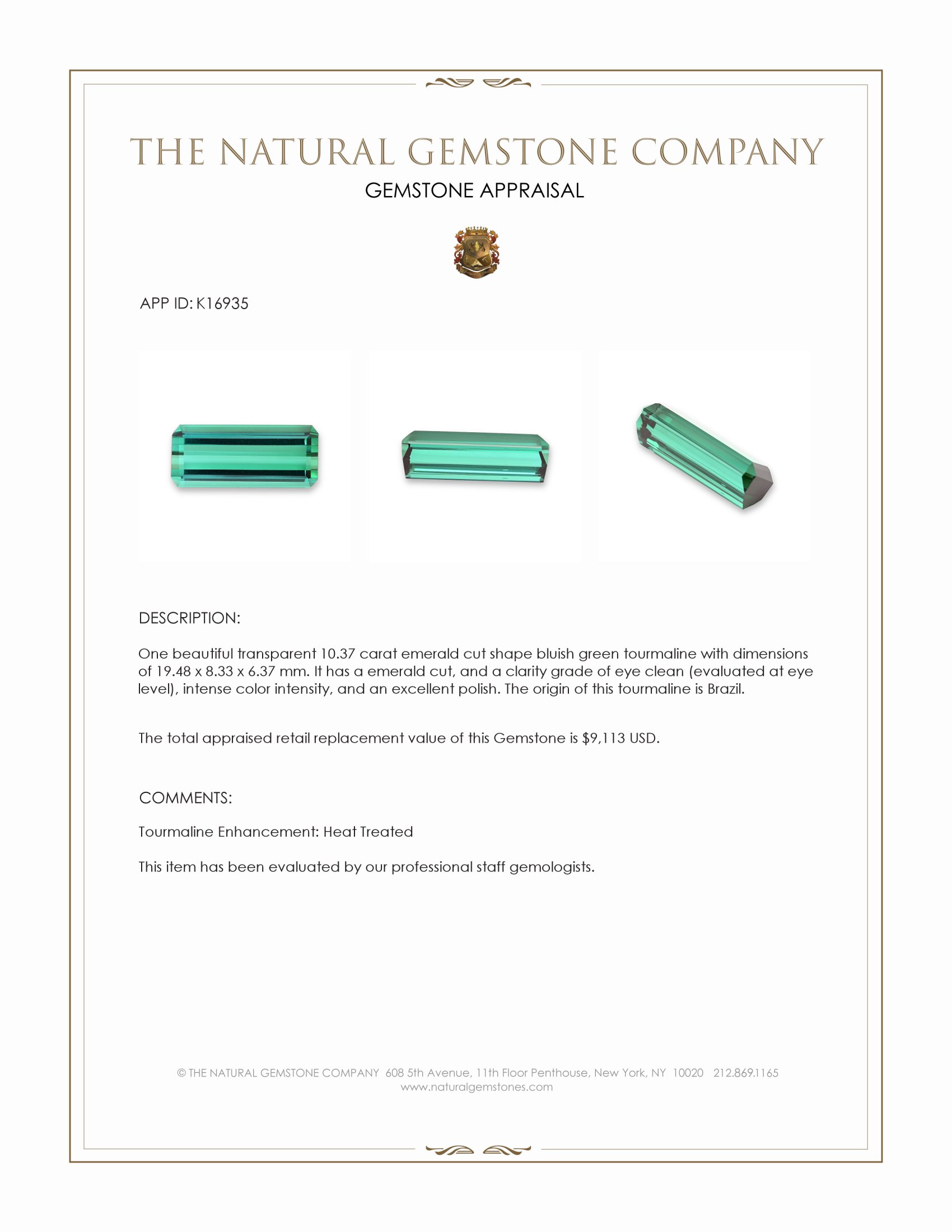 10.37 Ct. Bluish Green Tourmaline from Brazil