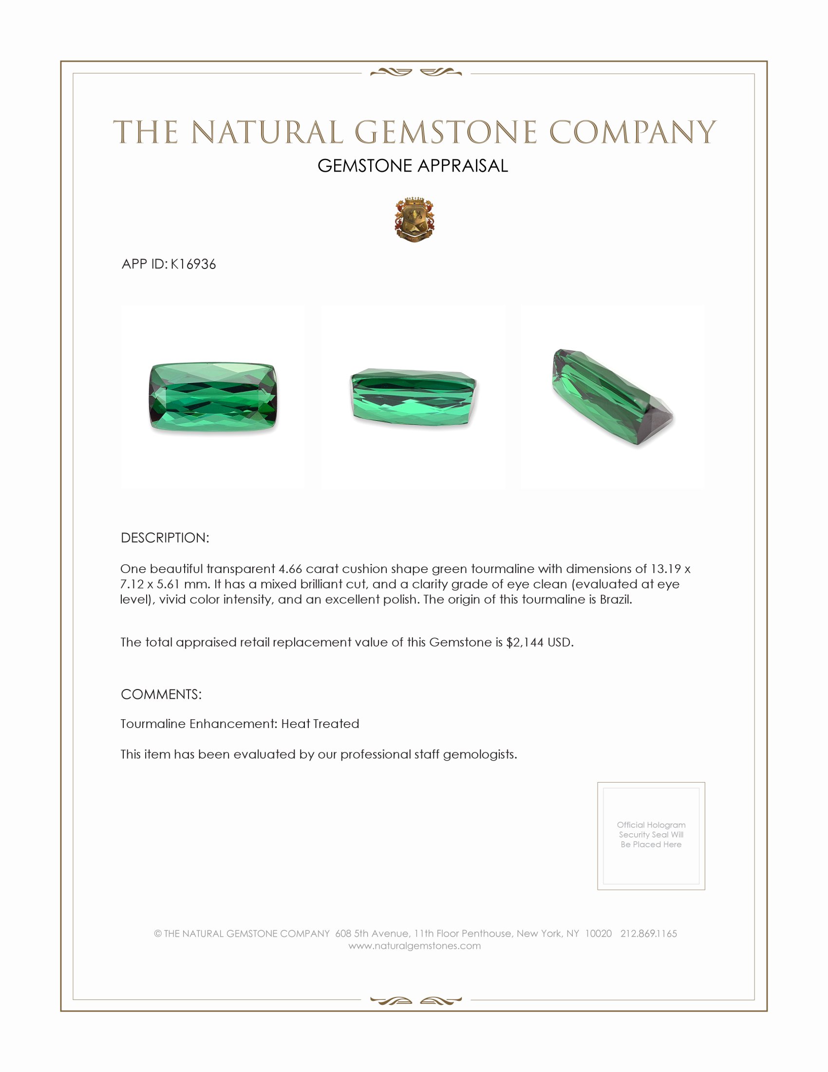 4.66 Ct. Green Tourmaline from Brazil
