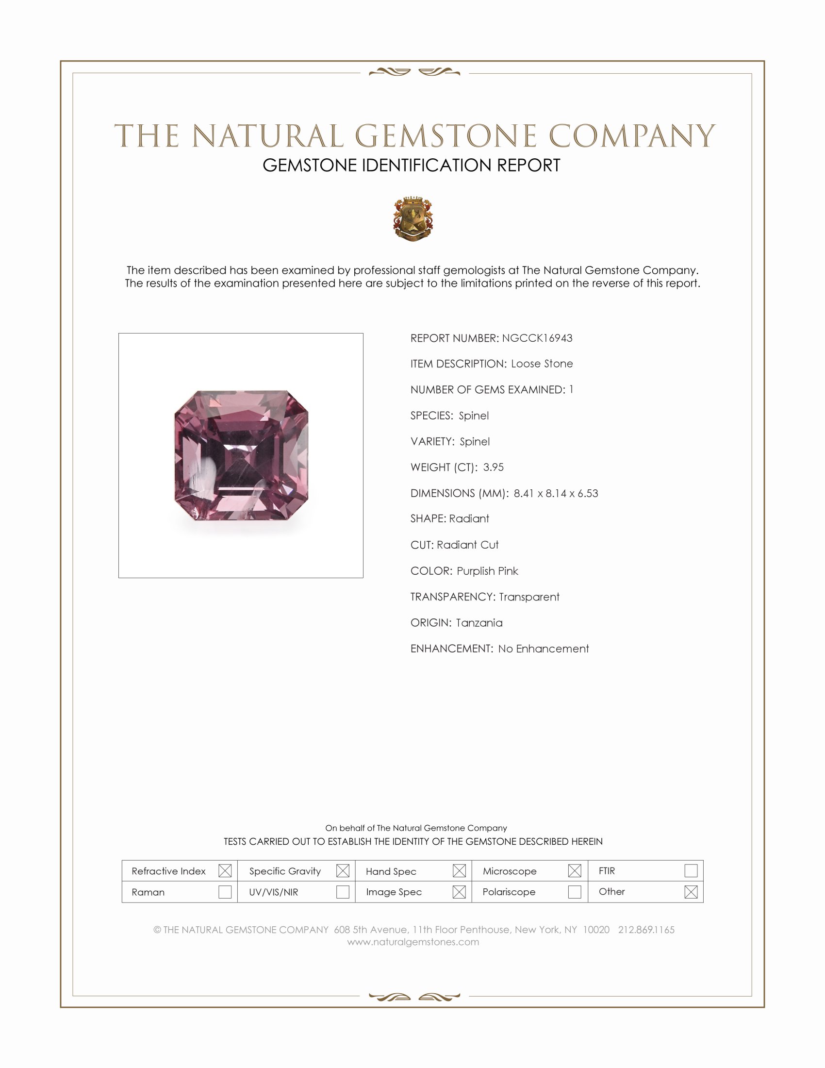 3.95 Ct. Purplish Pink Spinel from Tanzania