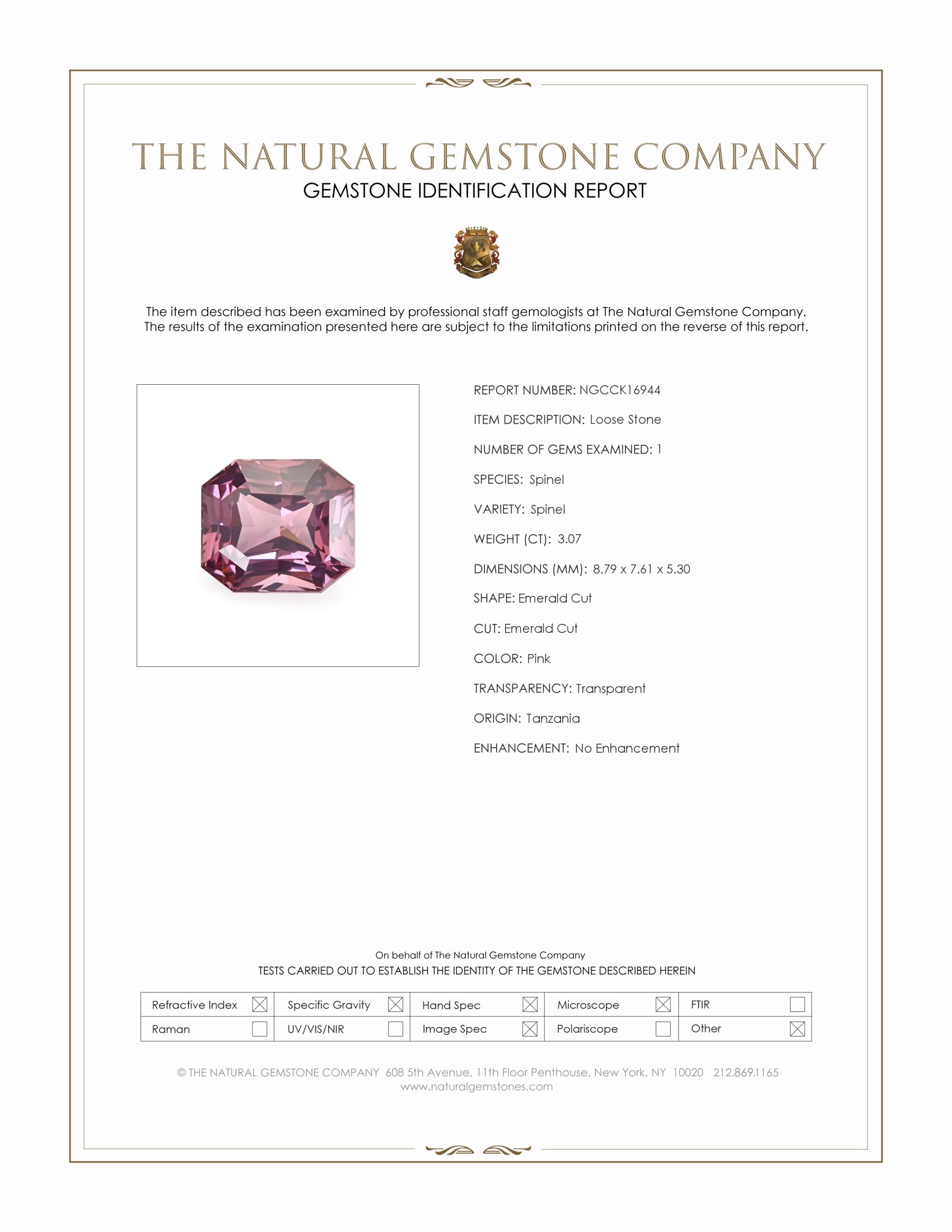 3.07 Ct. Pink Spinel from Tanzania