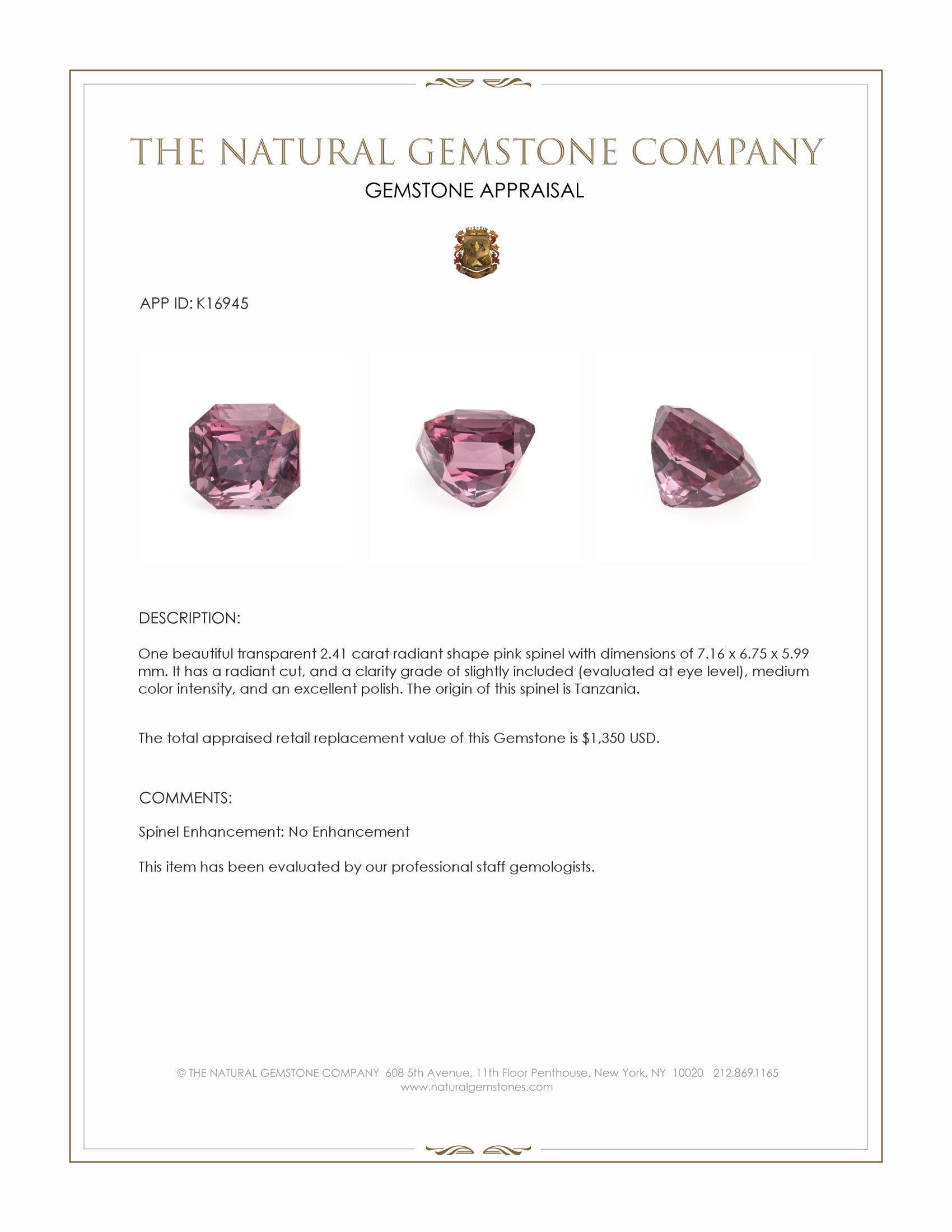2.41 Ct. Pink Spinel from Tanzania