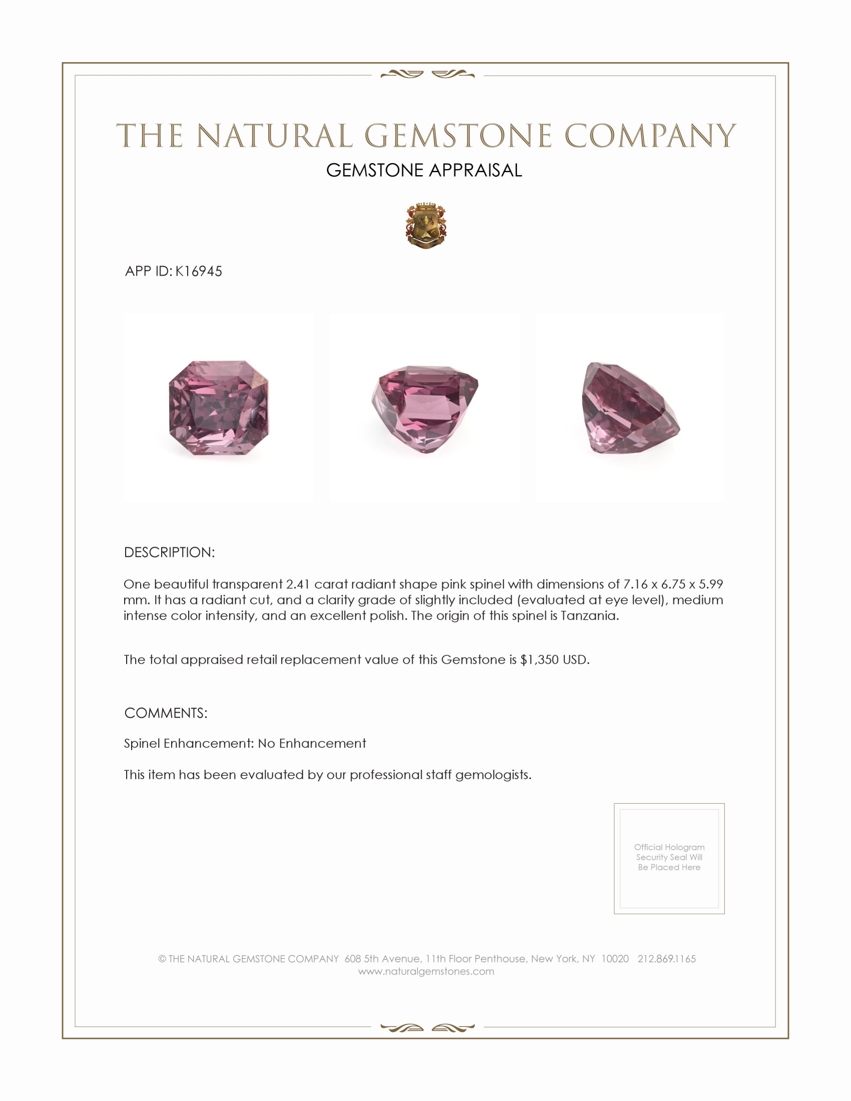 2.41 Ct. Spinel from Tanzania