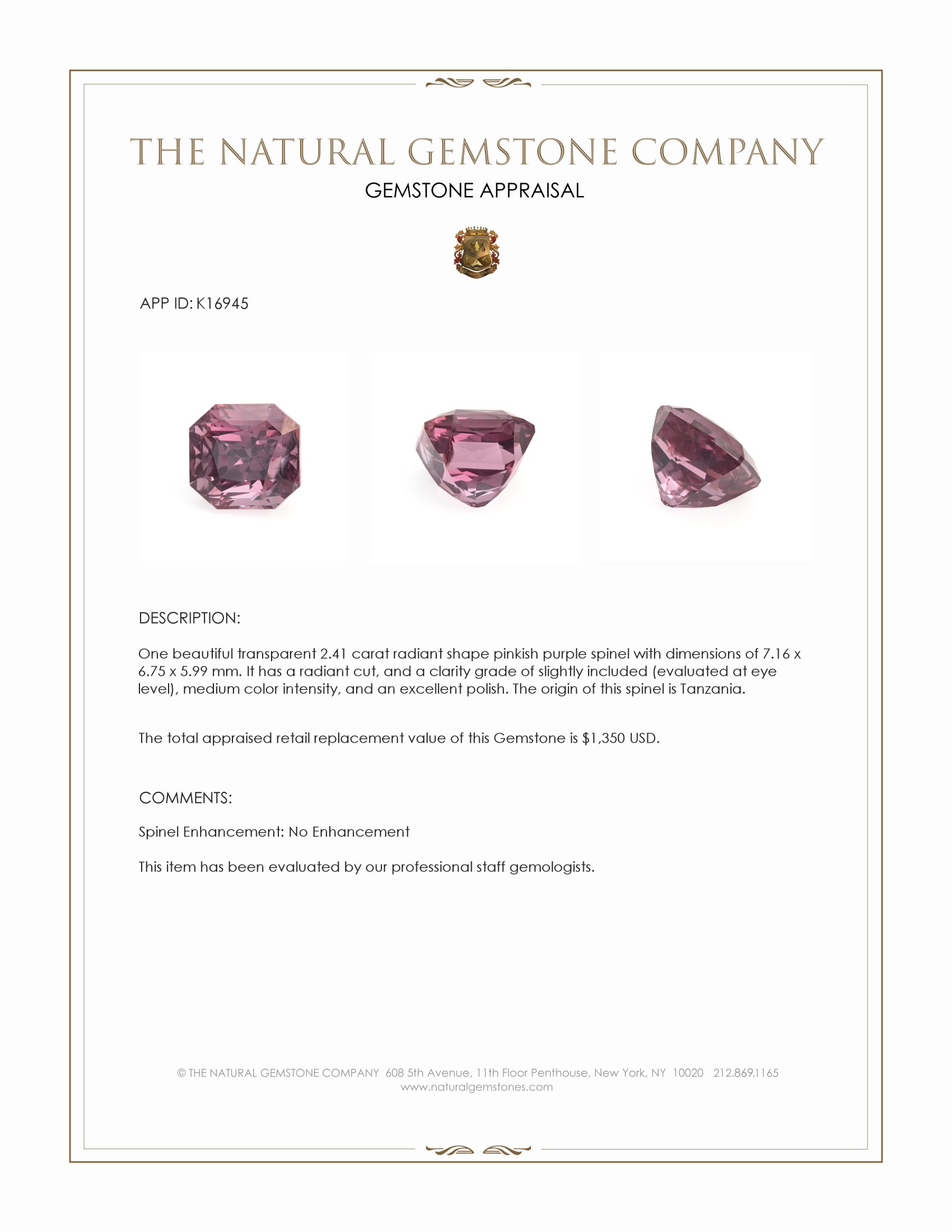 2.41 Ct. Pinkish Purple Spinel from Tanzania