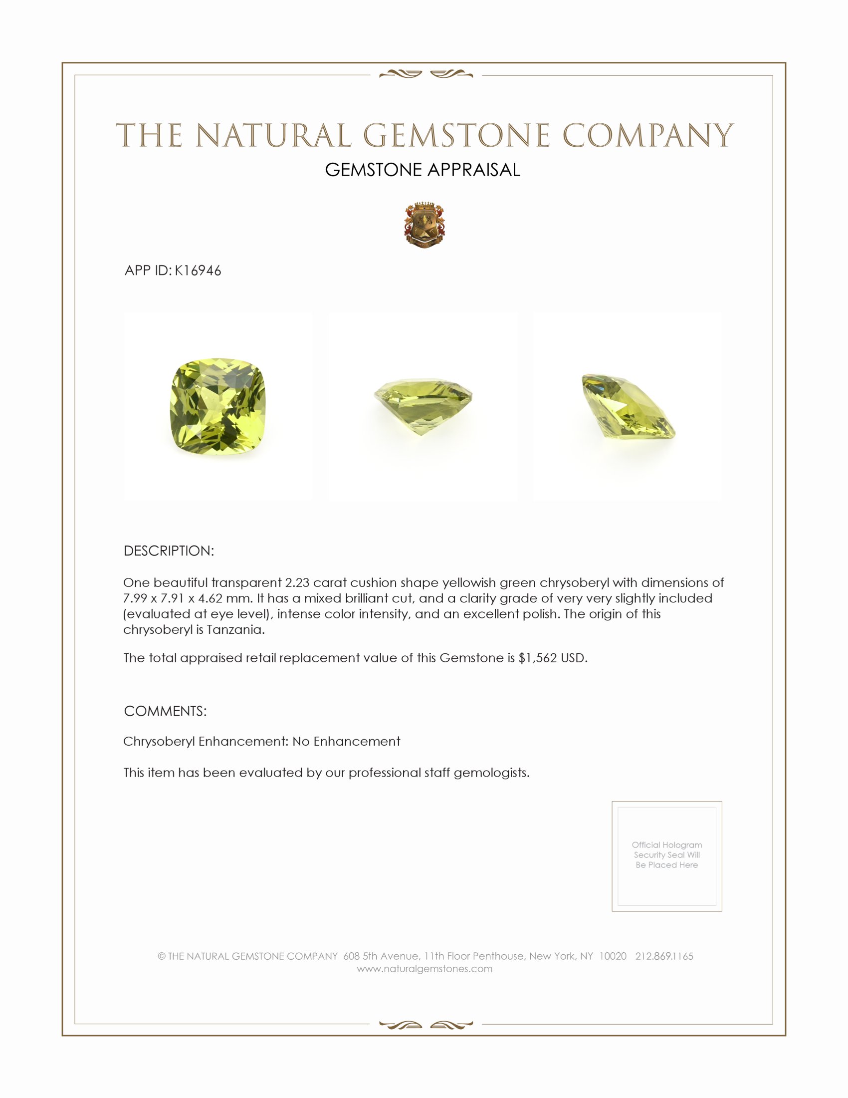 2.23 Ct. Chrysoberyl from Tanzania