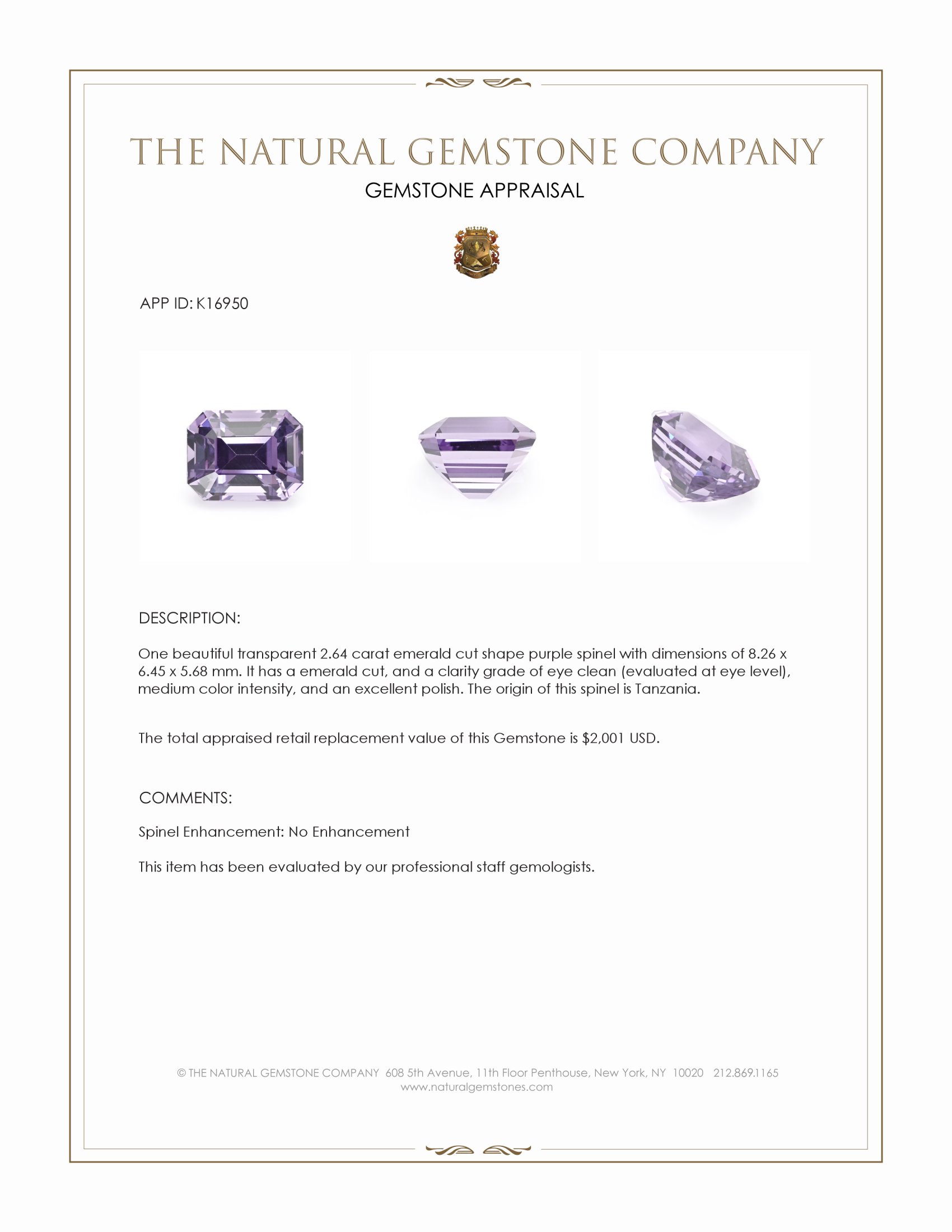 2.64 Ct. Purple Spinel from Tanzania
