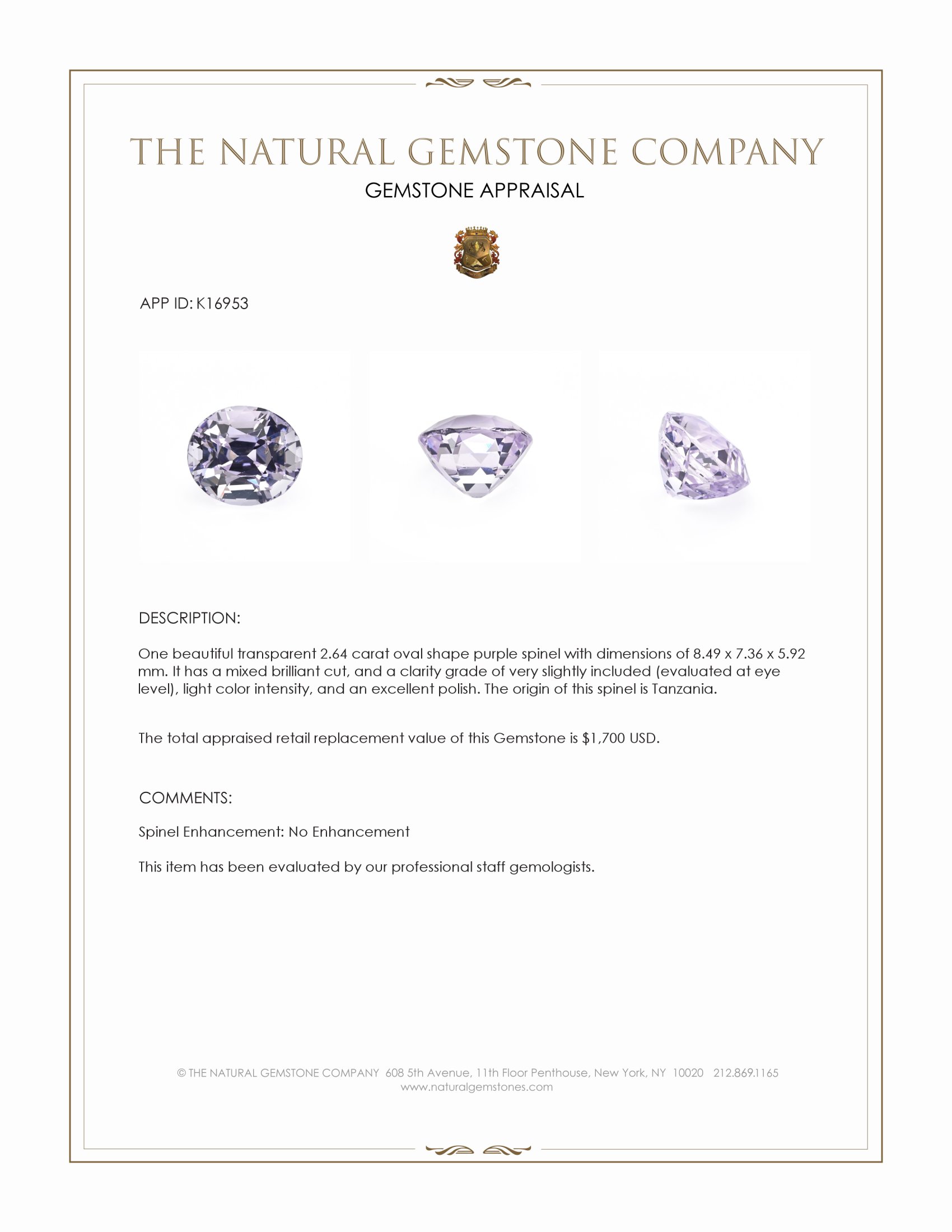 2.64 Ct. Purple Spinel from Tanzania