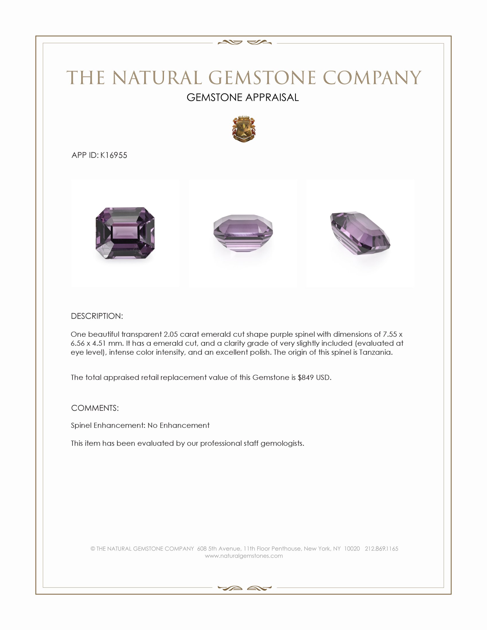 2.05 Ct. Purple Spinel from Tanzania