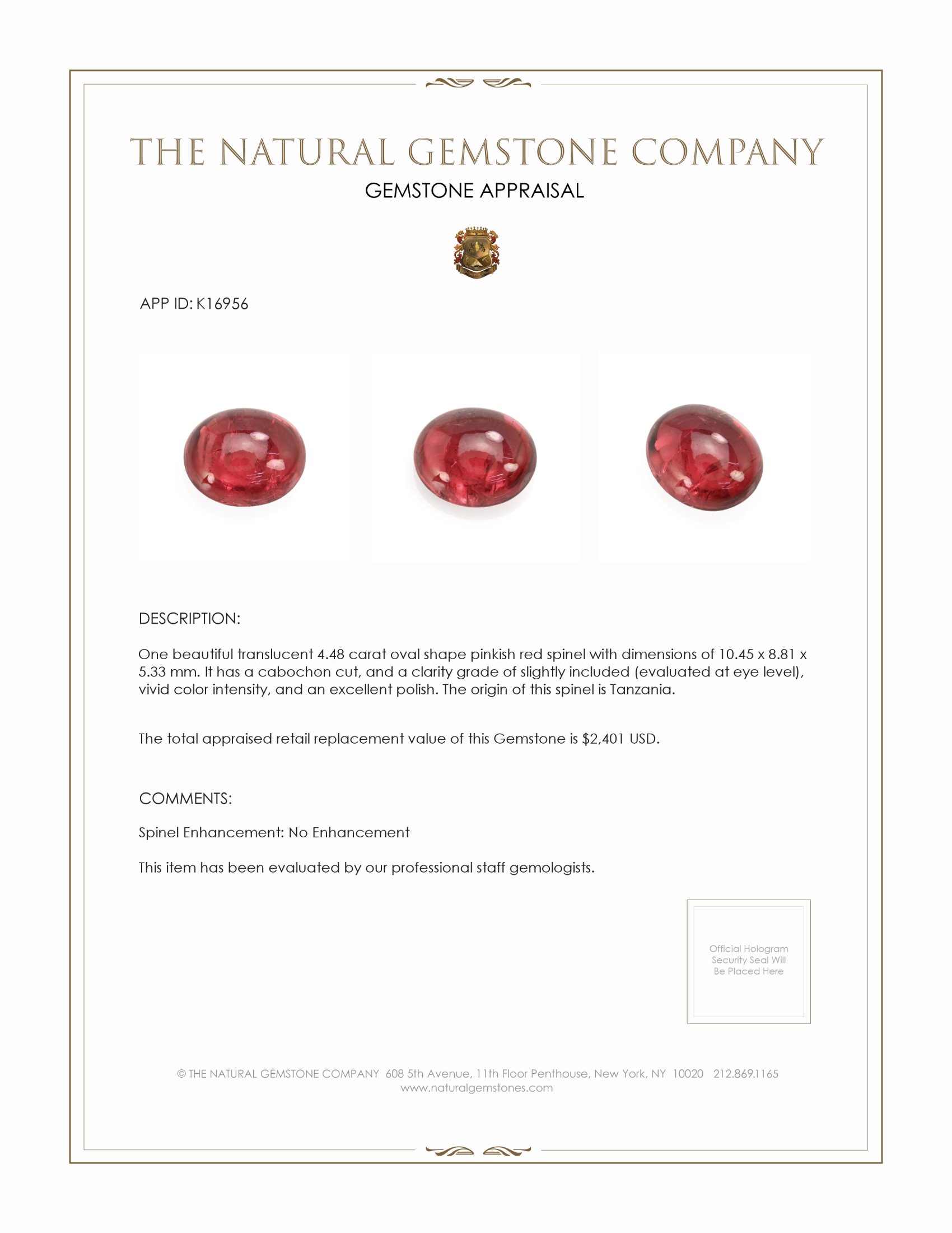 4.48 Ct. Pinkish Red Cabochon Spinel from Tanzania