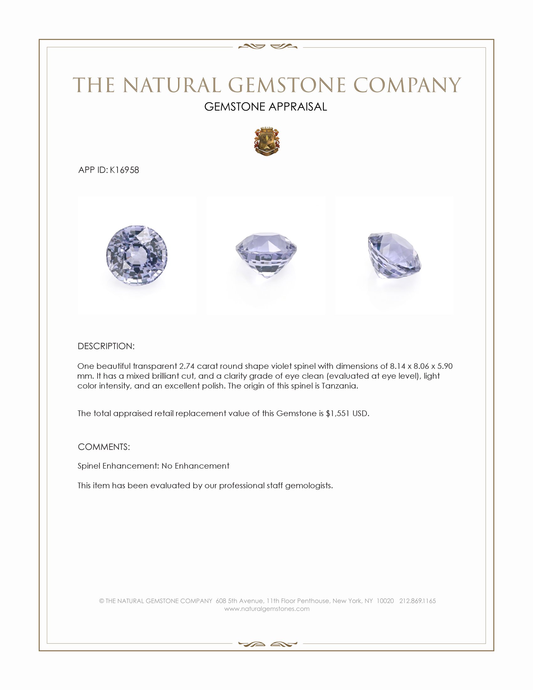 2.74 Ct. Violet Spinel from Tanzania