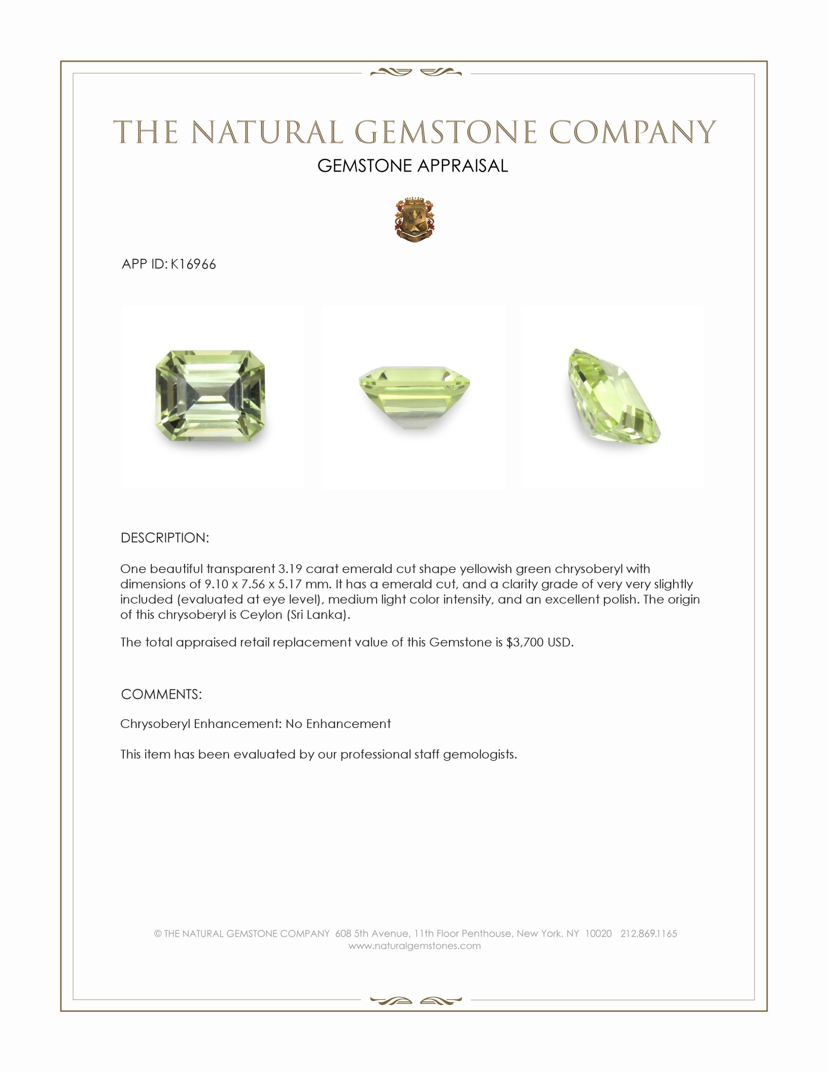 3.19 Ct. Chrysoberyl from Ceylon (Sri Lanka)