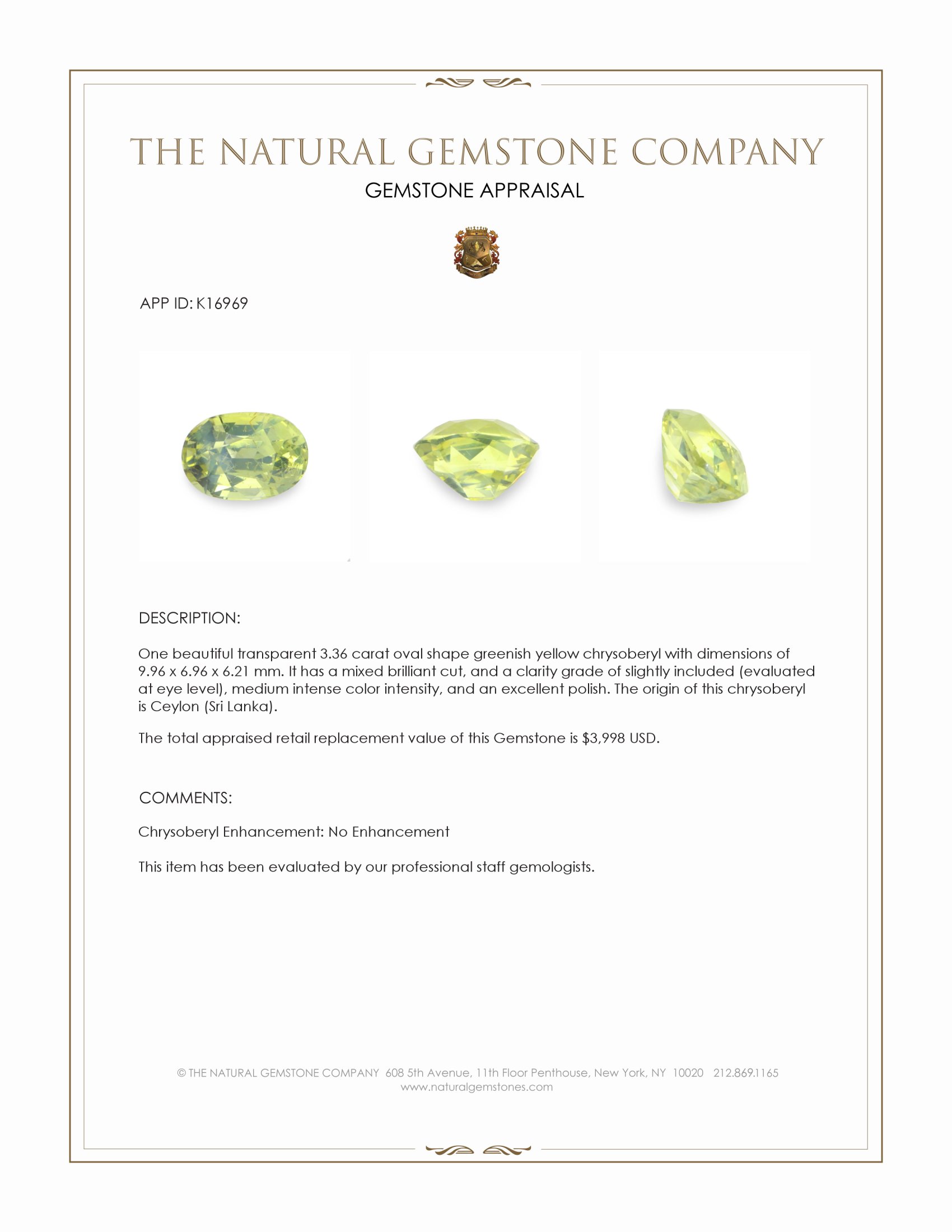 3.36 Ct. Chrysoberyl from Ceylon (Sri Lanka)