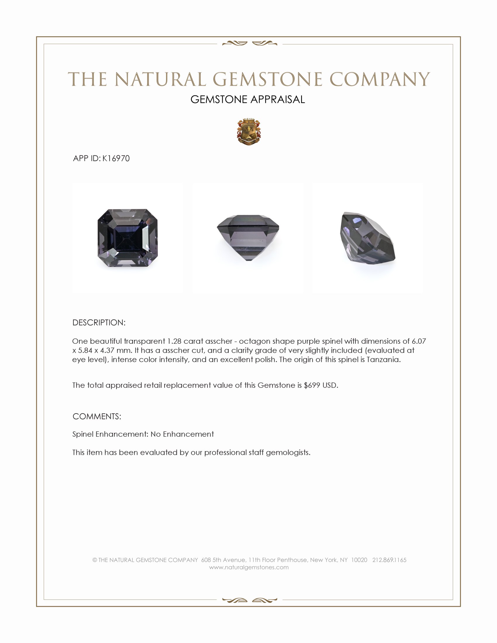 1.28 Ct. Purple Spinel from Tanzania