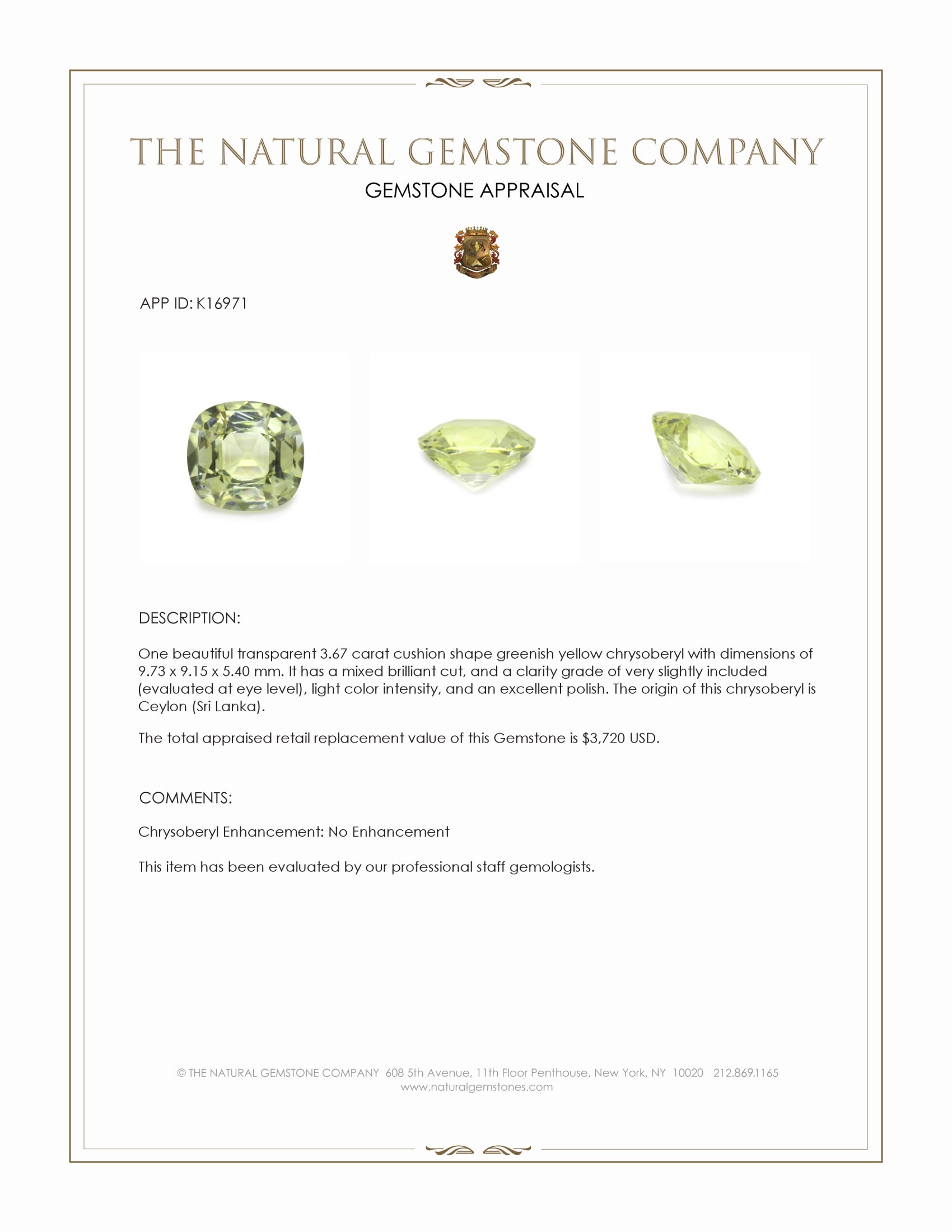 3.67 Ct. Greenish Yellow Chrysoberyl from Ceylon (Sri Lanka)