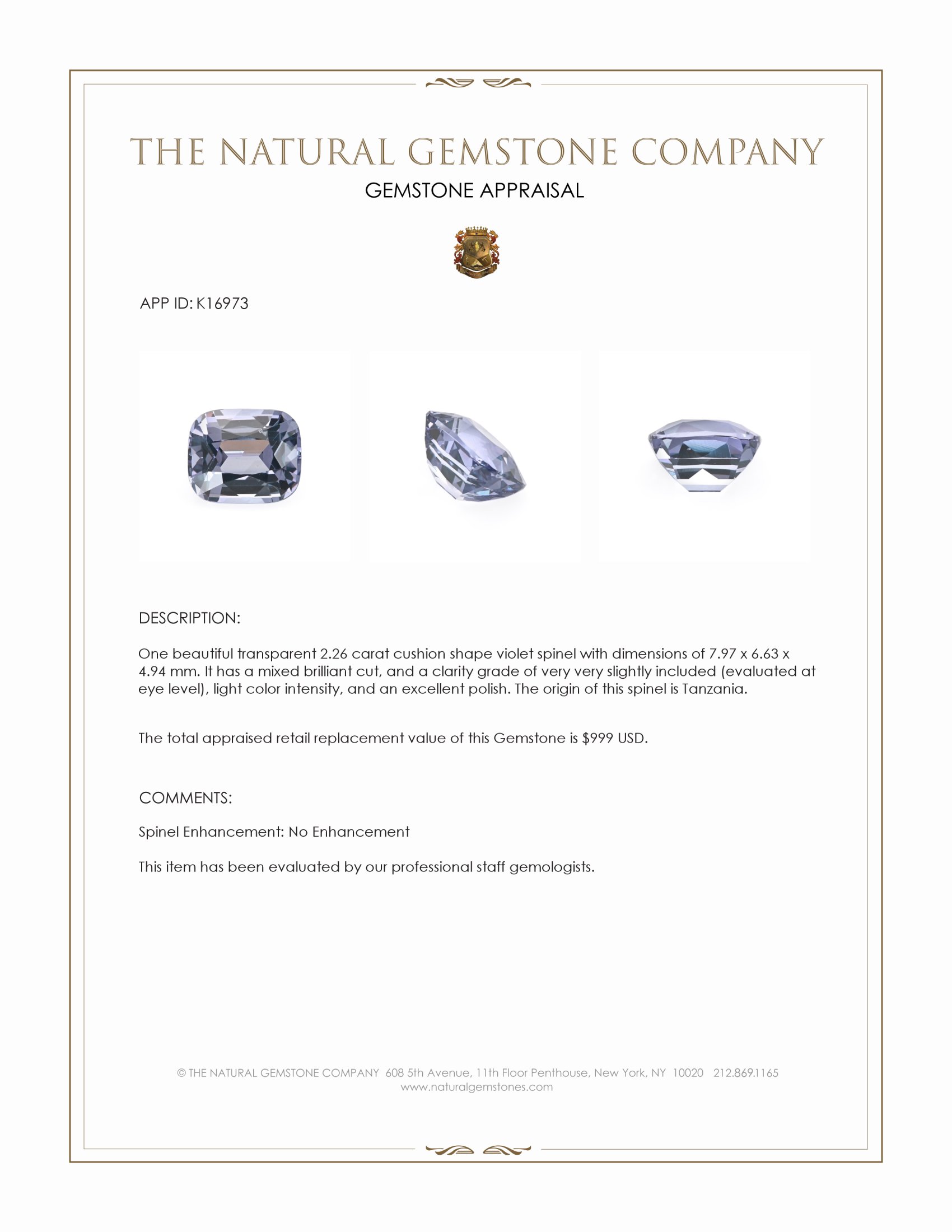 2.26 Ct. Violet Spinel from Tanzania