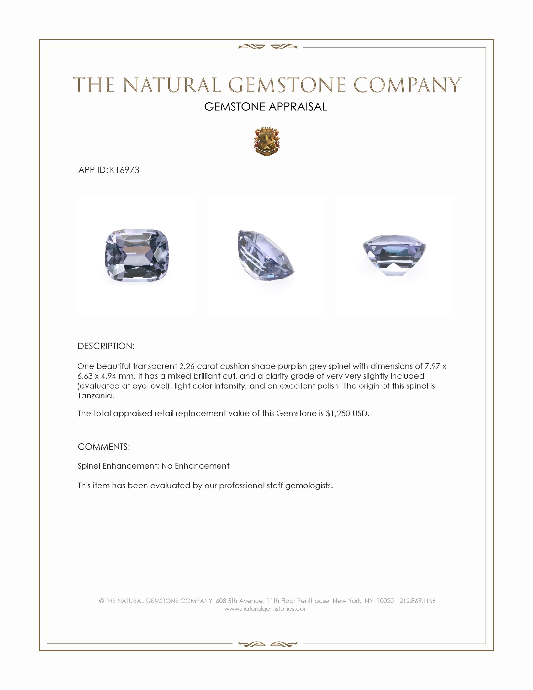 2.26 Ct. Purplish Grey Spinel from Tanzania