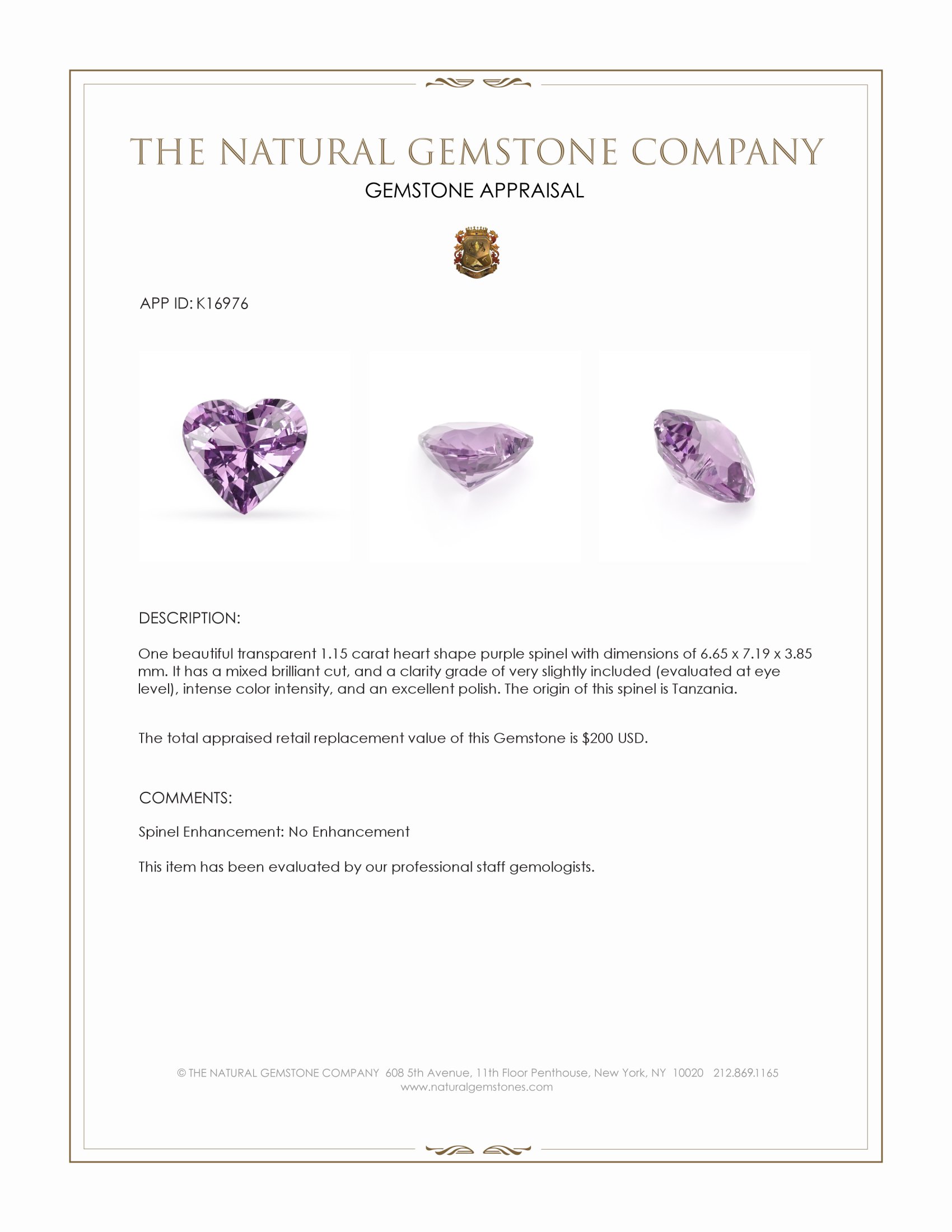 1.15 Ct. Purple Spinel from Tanzania