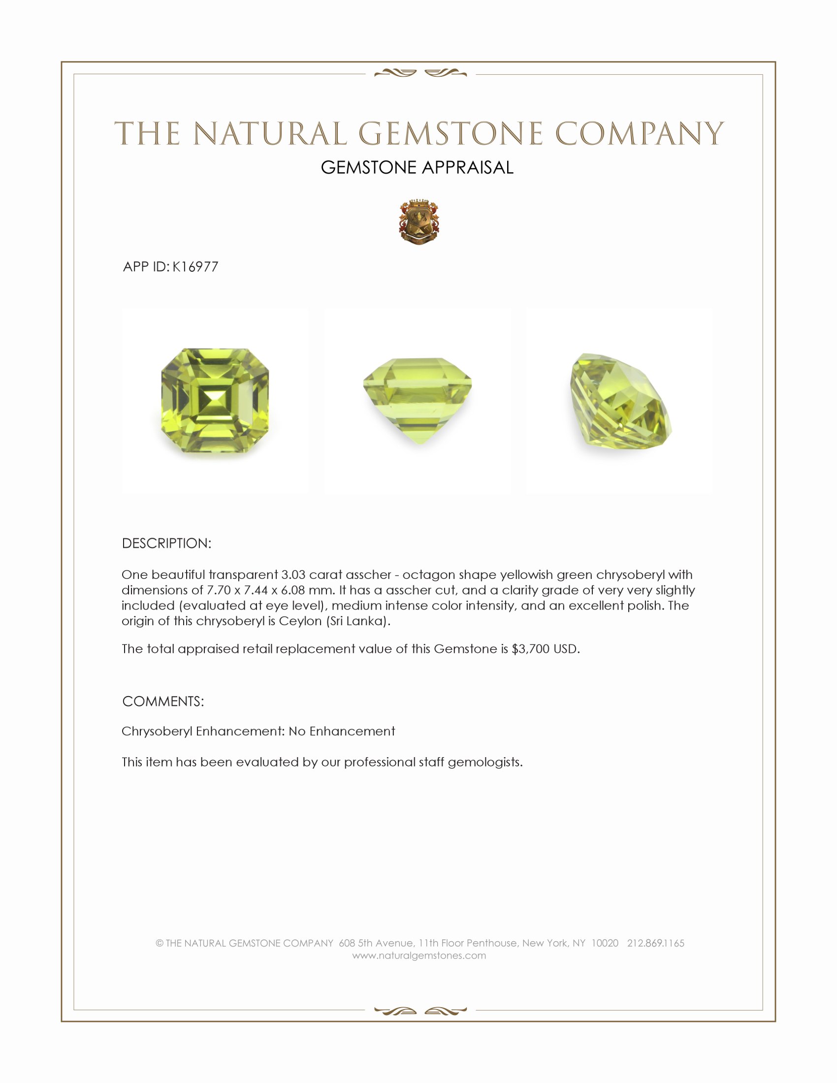 3.03 Ct. Chrysoberyl from Ceylon (Sri Lanka)