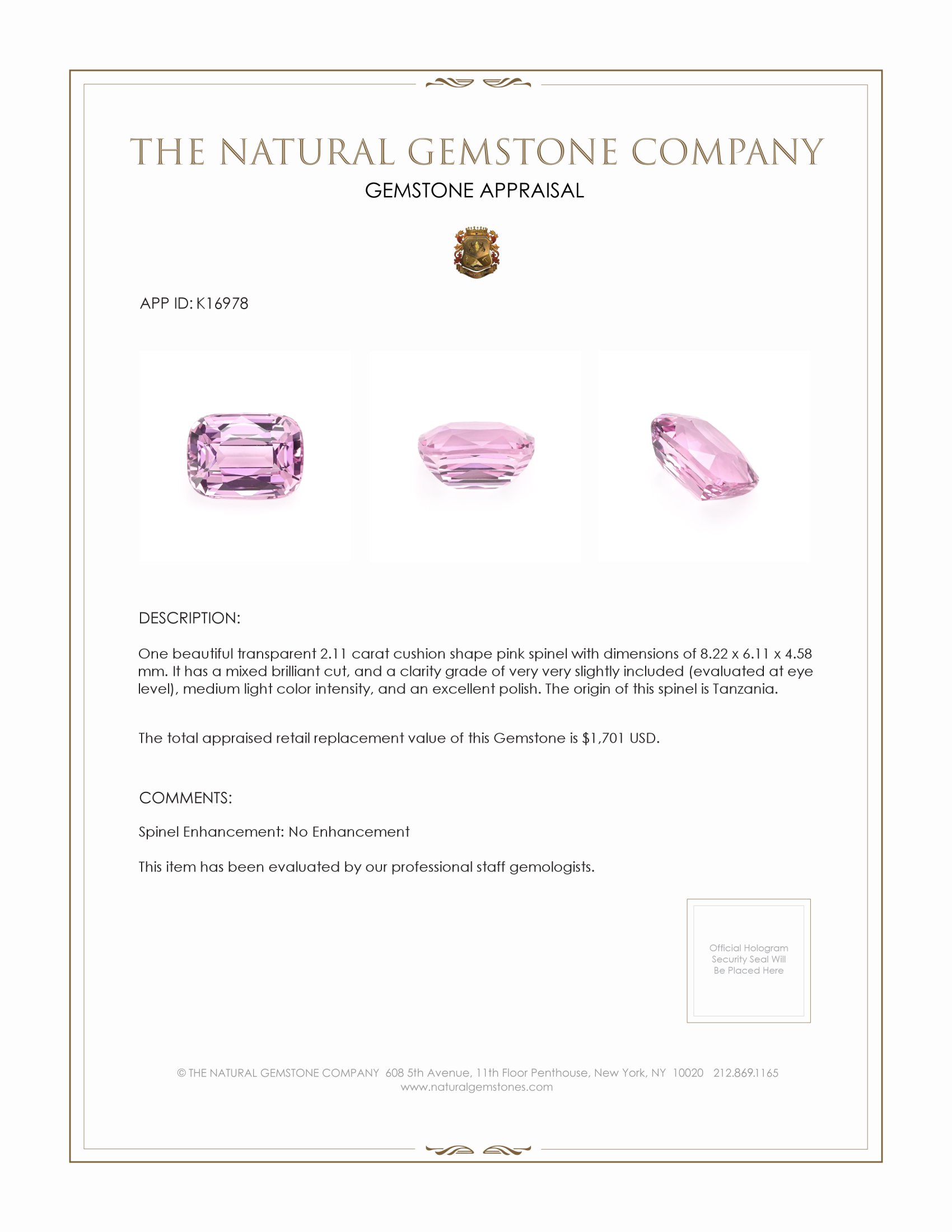 2.11 Ct. Pink Spinel from Tanzania