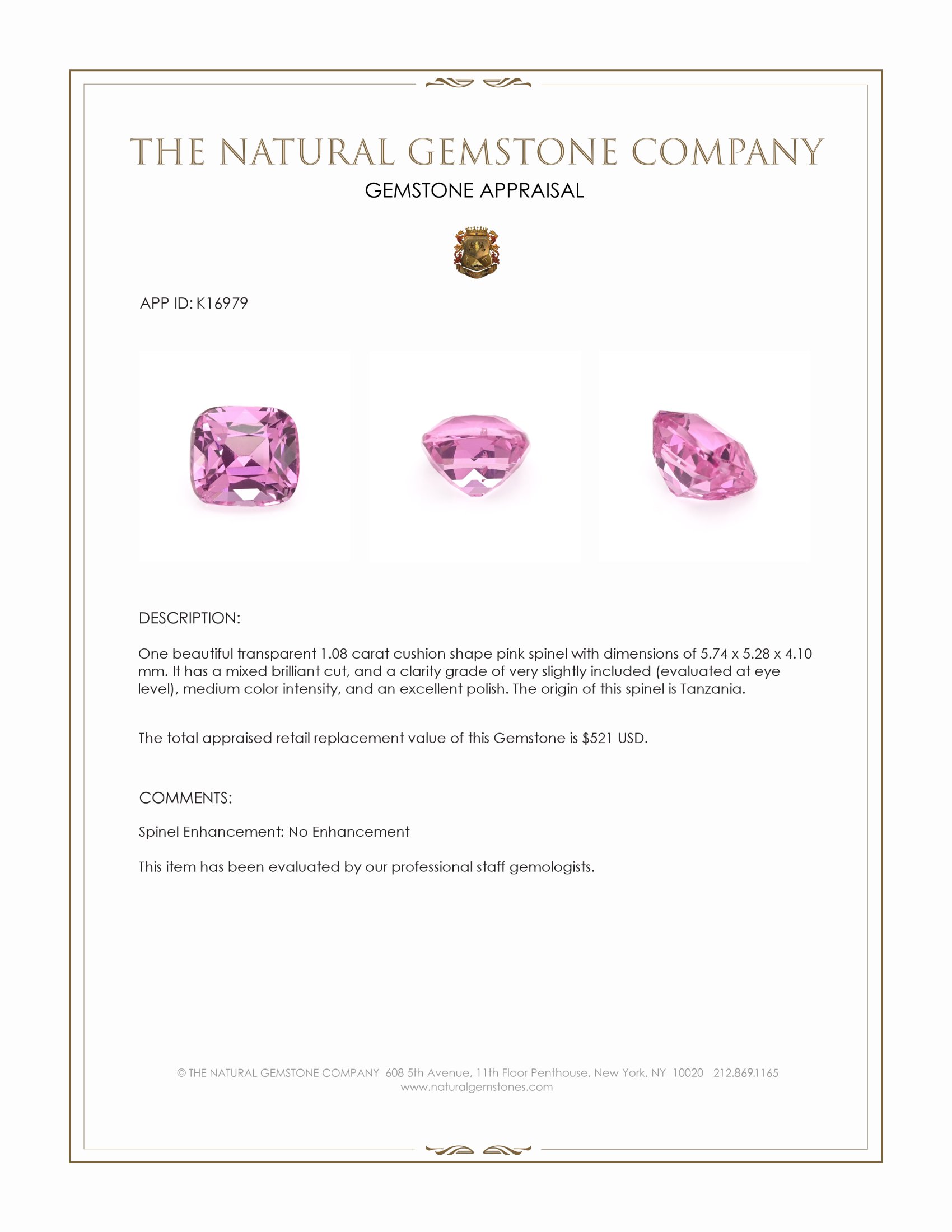 1.08 Ct. Pink Spinel from Tanzania