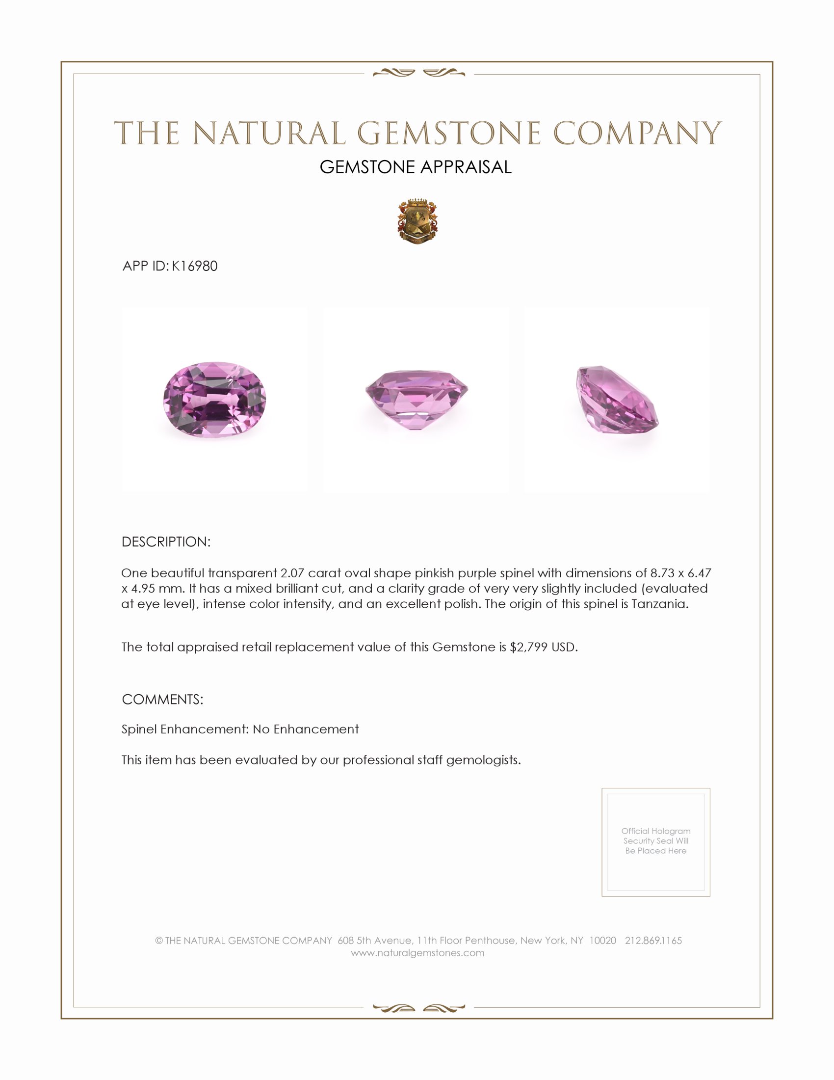 2.07 Ct. Pinkish Purple Spinel from Tanzania