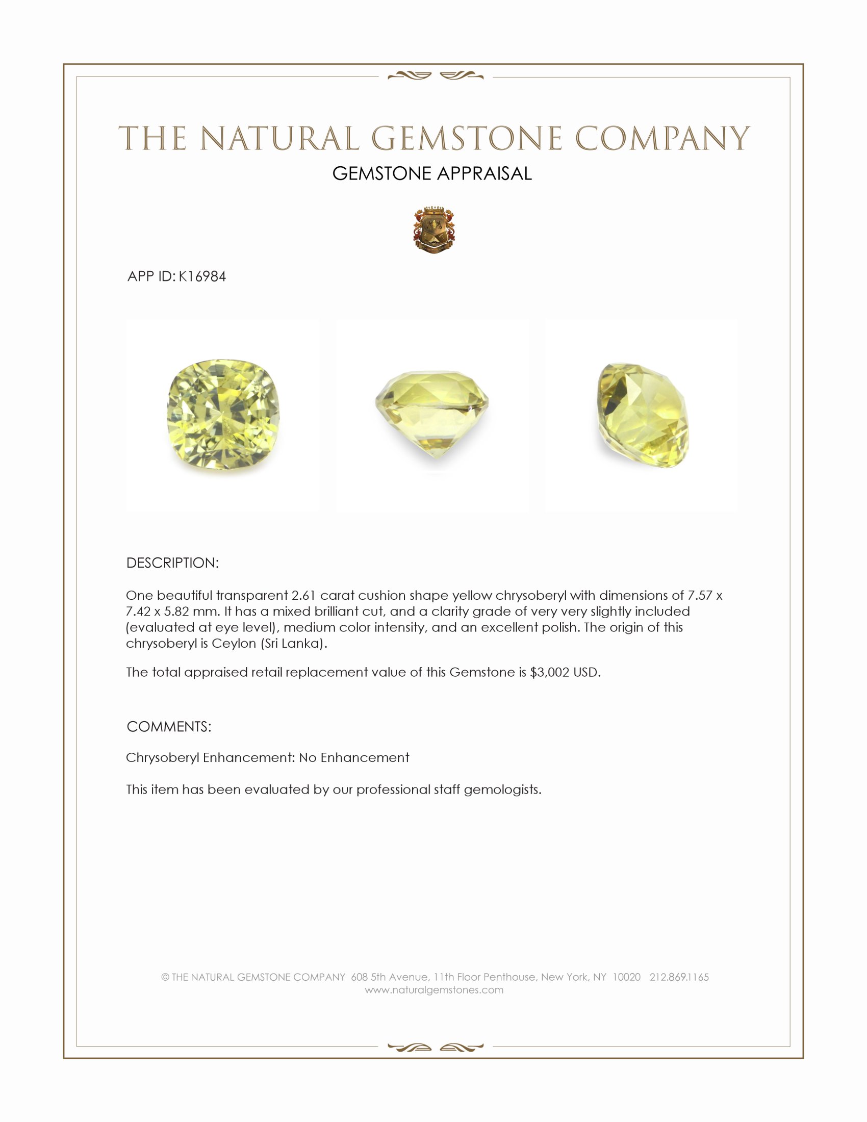 2.61 Ct. Yellow Chrysoberyl from Ceylon (Sri Lanka)