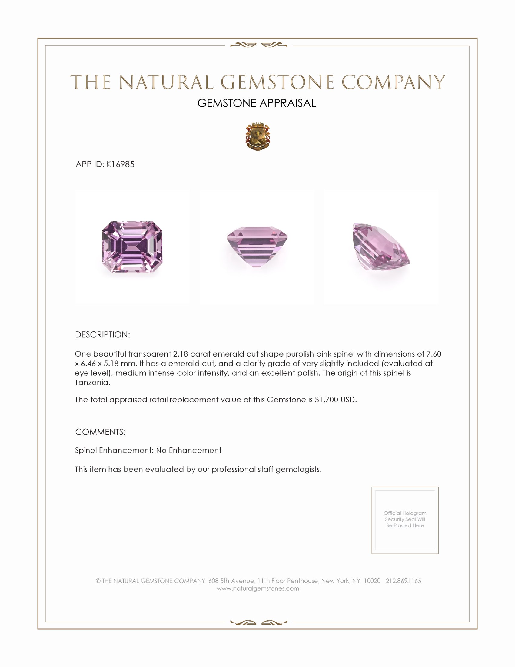 2.18 Ct. Purplish Pink Spinel from Tanzania