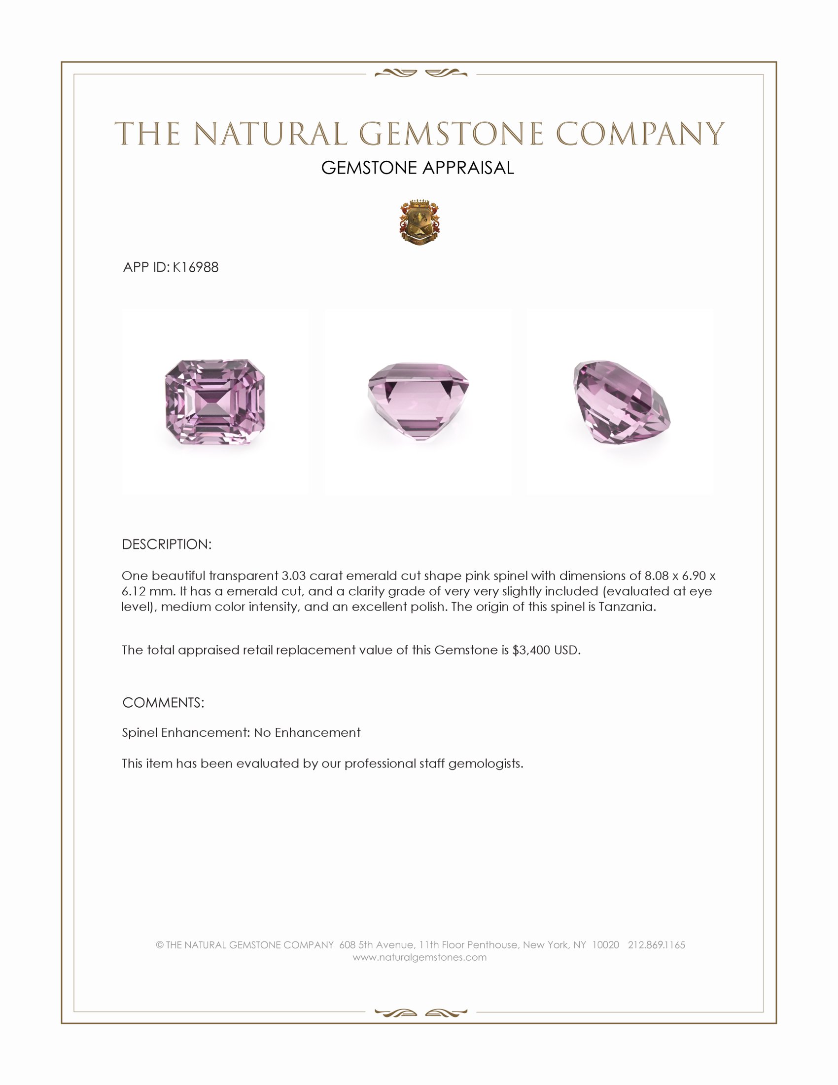 3.03 Ct. Purplish Pink Spinel from Tanzania